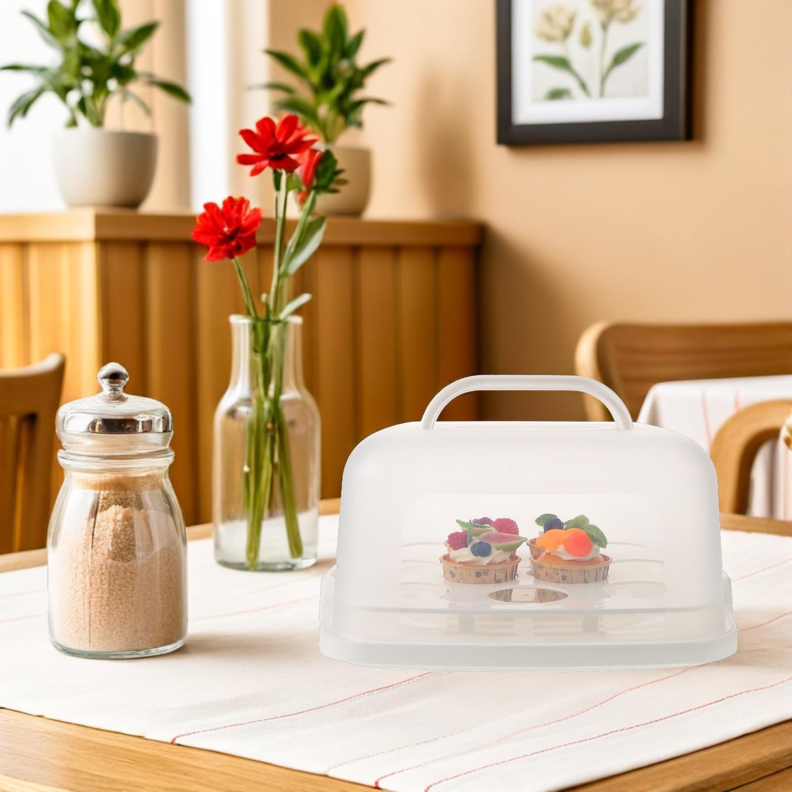 Portatorta con Manico 10 Pollici Bianco in Plastica | Inserto 10 Cupcake Incluso, Coperchio Ermetico, Visibilità Trasparente, per Dessert e Compleanni