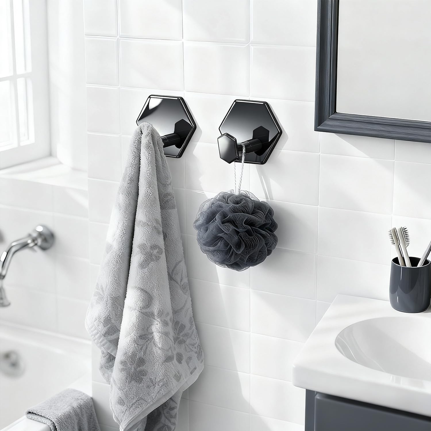 Tindbea Adhesive Towel Hooks, Heavy Duty Stick Hooks Waterproof & Rustproof Hooks for Hanging Coat, Clothes, Closet Hook Wall Mount Towel Hooks for bathrooms, Shower, Kitchen (Black, 2 Pack) image 2
