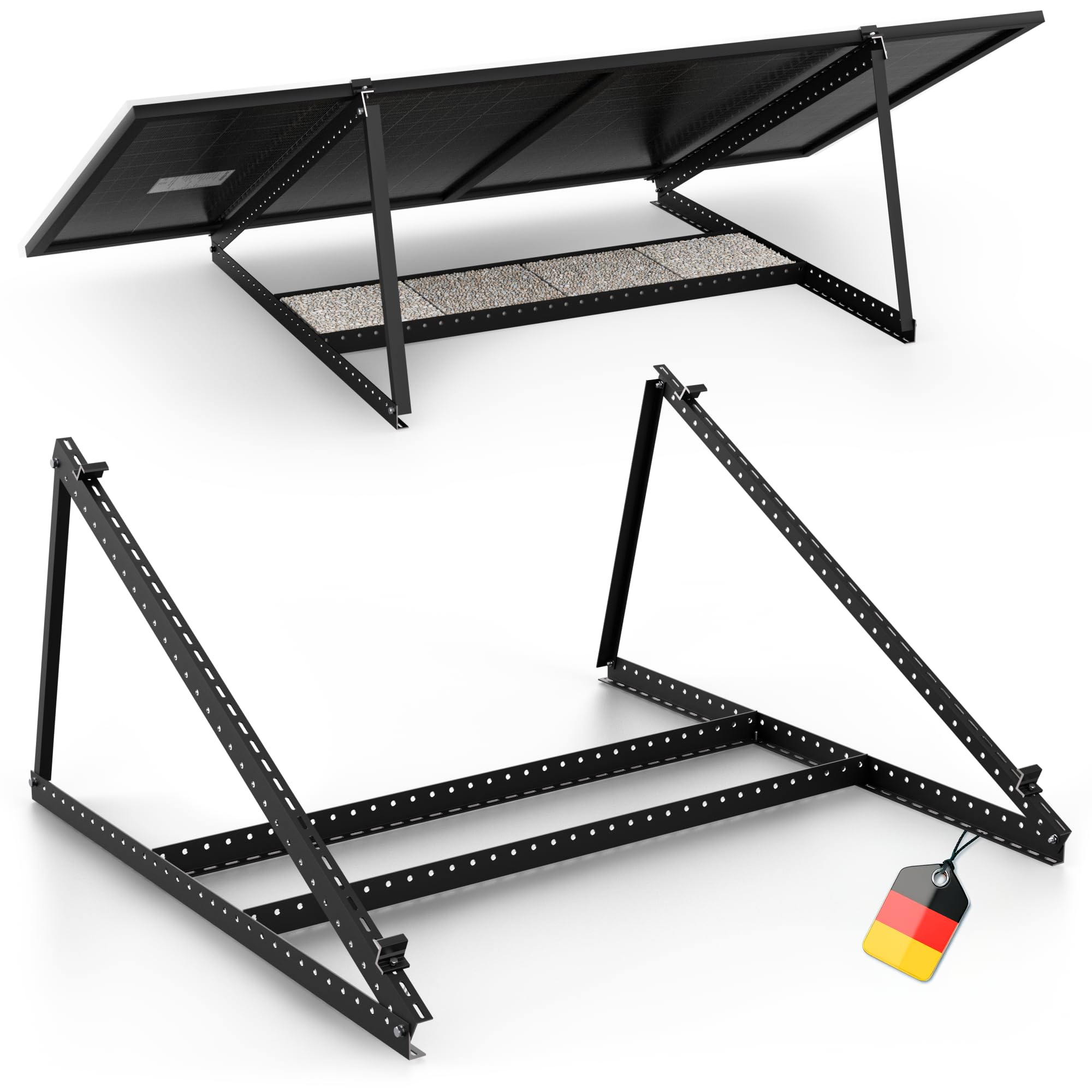 SolarXon Solarmodul Halterung schwarz, 0% MwSt, Alu, 118 cm, 0-90° Winkel, Balkonkraftwerk Halterung, Solarpanel Halterung für Flachdach, Garage, freistehend
