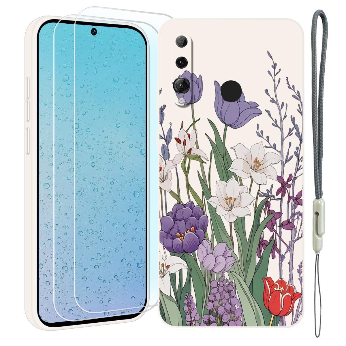 Case Compatible with Huawei P Smart+ 2019 Case,[2 Pack Screen Protectors] with Cute Flowers Pattern, Liquid Silicone Ultra Slim Shockproof Phone Case