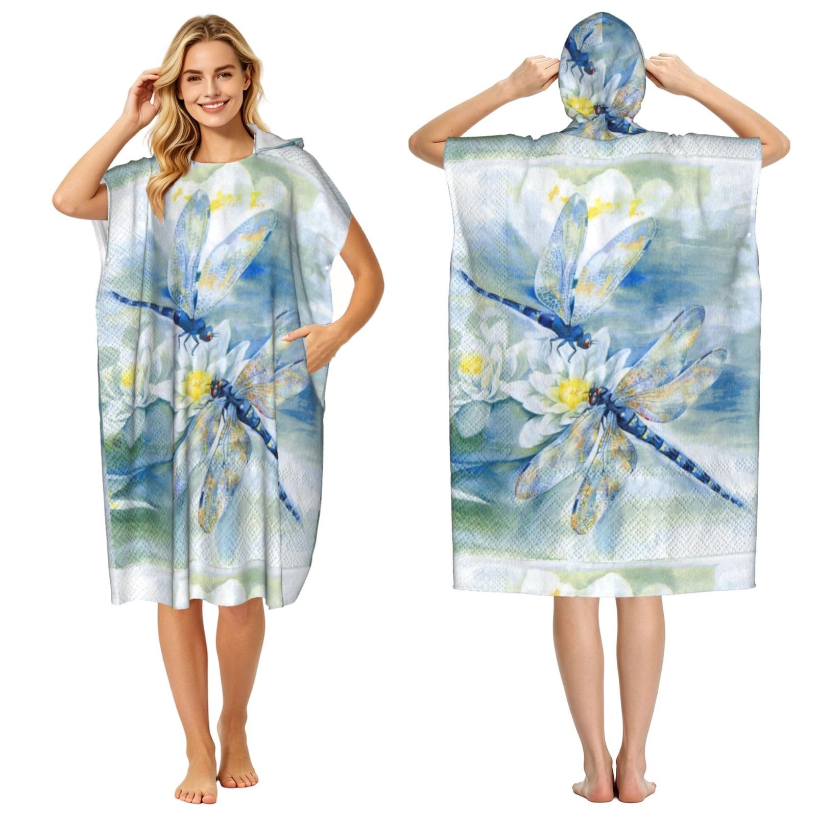 Poadnly Dragonfly, Adult Hooded Beach Towel 90 x 110 cm,Changing Bath Robe, Surf Poncho Towel For Women Men