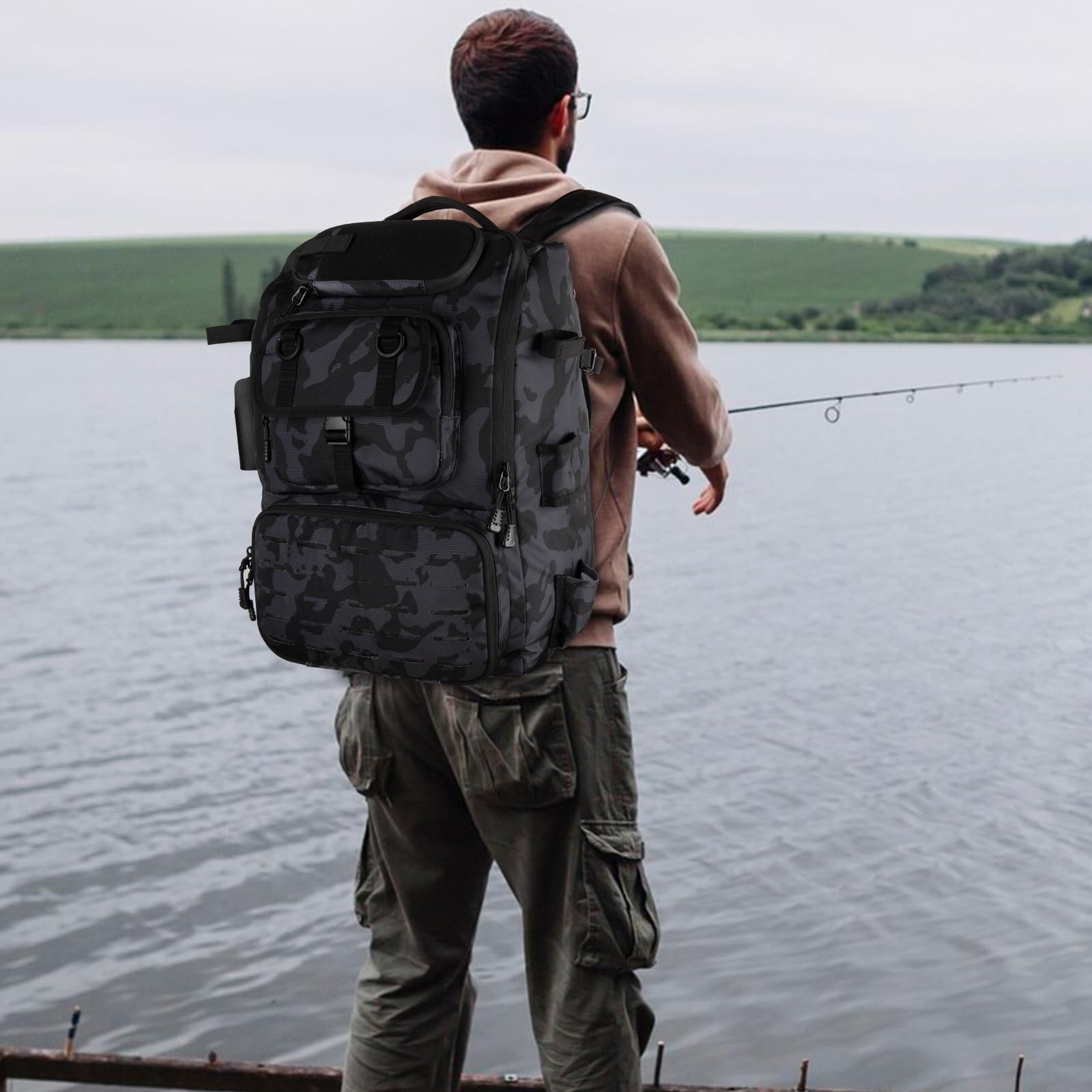 Hp hope Sac à dos de pêche avec porte-canne et refroidisseur, 40 l Sac d'équipement de pêche, équipement de pêche, sac à dos, équipement de pêche, 40 Liter, Sac à dos