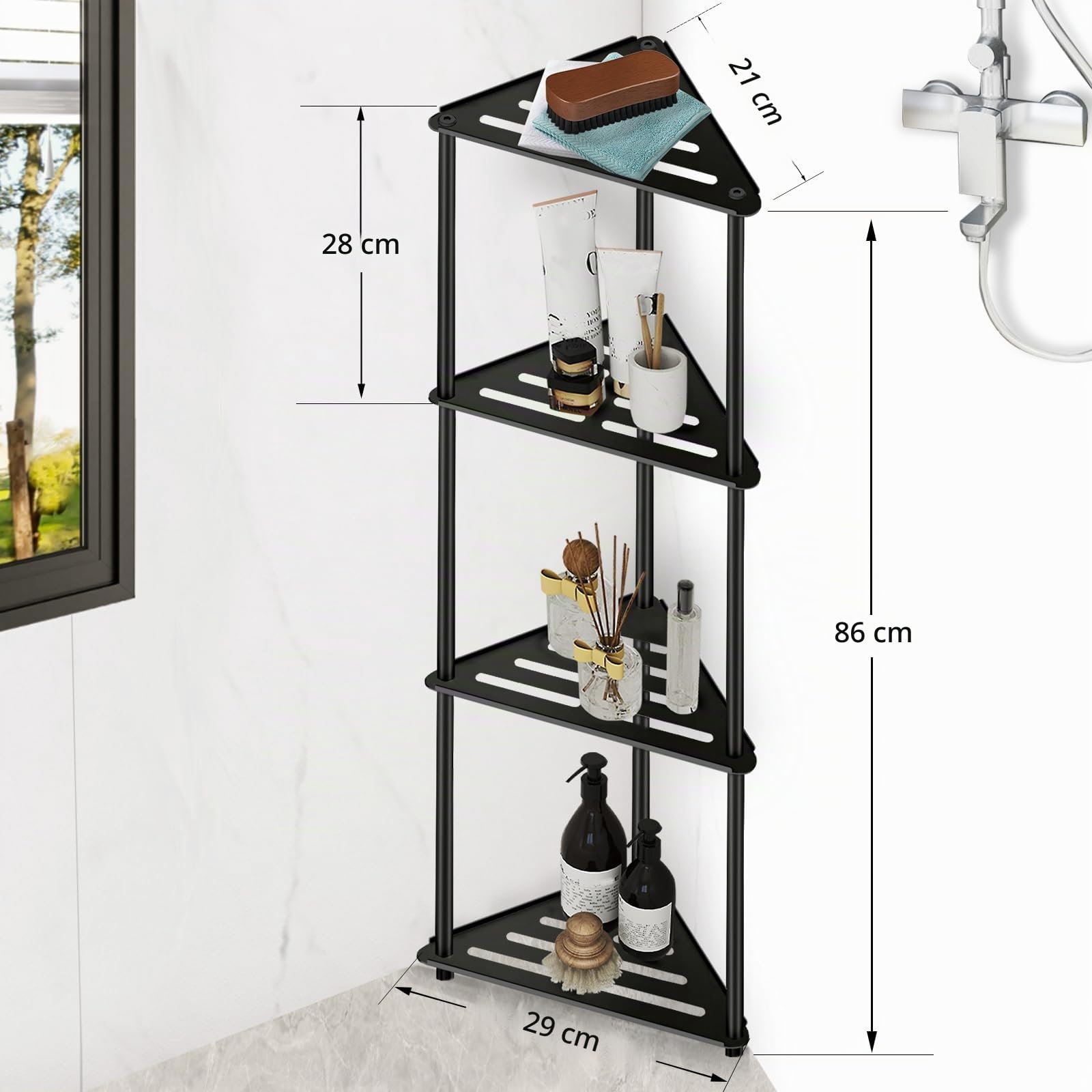 Estante de esquina de ducha de 4 niveles en acero inoxidable, estantes antióxido para ducha interior, negro