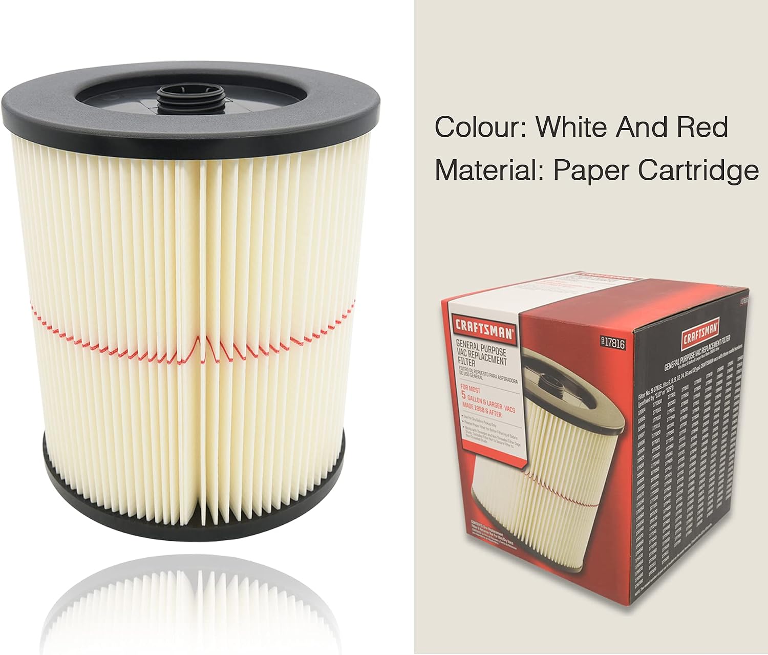 9-17816 Filter for Craftsman Shop Vac Filter 17816 Replacement Red - Stripe Filter 9-17816 Wet/Dry Air Filter Replacement Part fit 5 Gallon & Larger Vacuum Cleaner 917816 Cartridge Filter