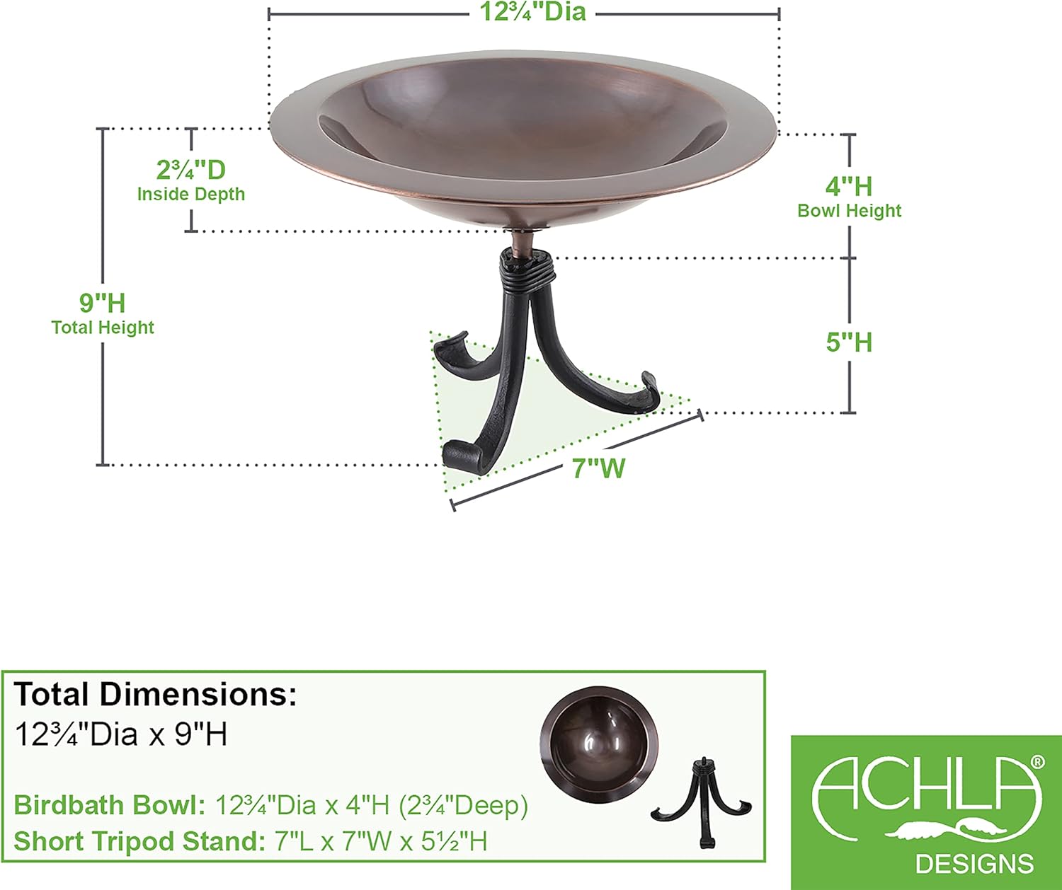 Achla Designs 201-4006 Classic II Tripod Stand Birdbath, Antique Copper