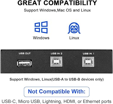 EEEKit 2 Port USB 2.0 Manual Sharing Switch Hub, Printer Scanner Splitter Adapter with 2 Pack USB A to B Cables