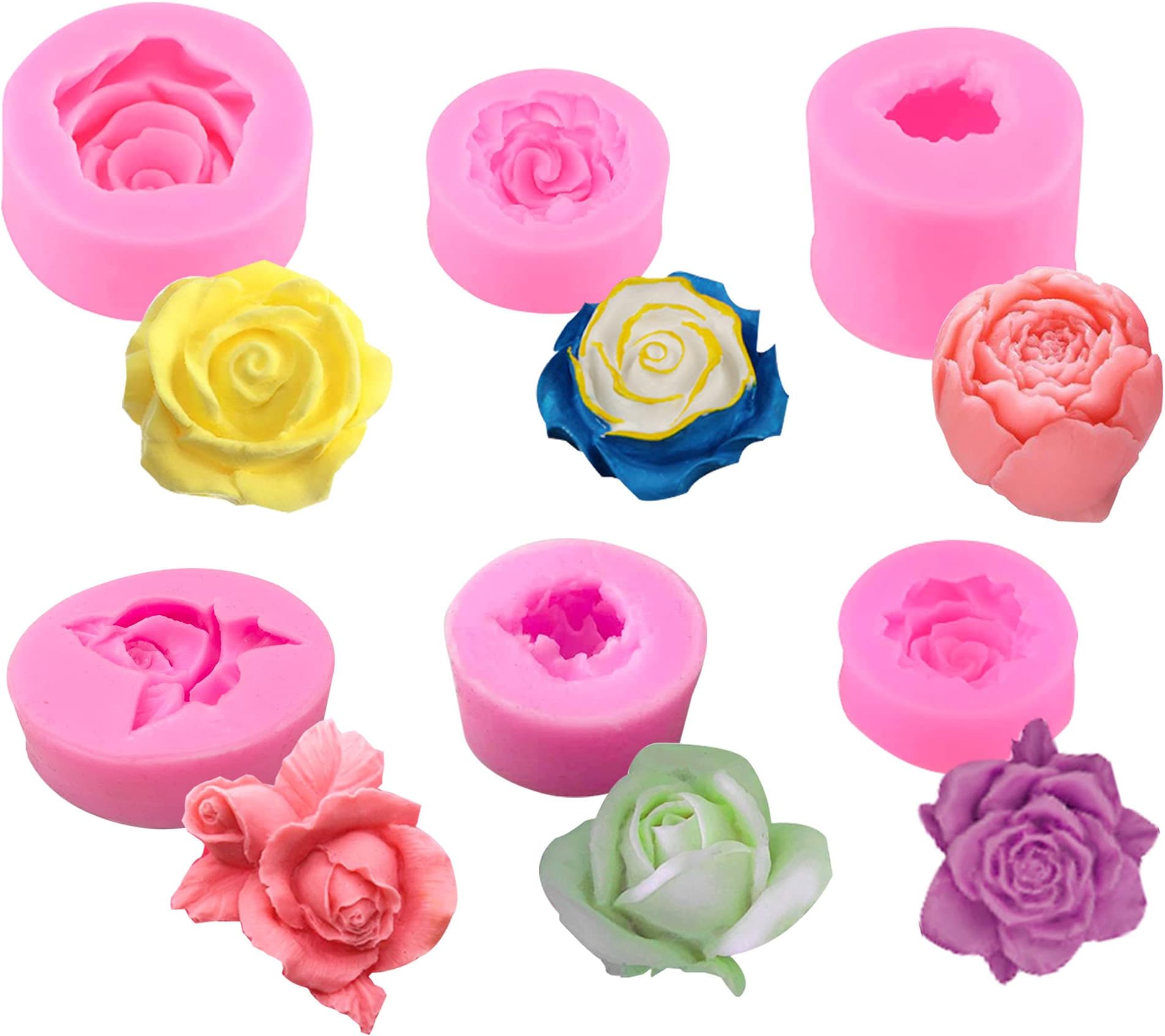 6 PCS 3D Rose Flower Fondant Mold 3D Flower Silicone Soap Mold Flower Bloom Rose Shape Silicone Mold Resin Rose Candle Mold for Cake Decoration Chocolate Handmade Soap Candy Making