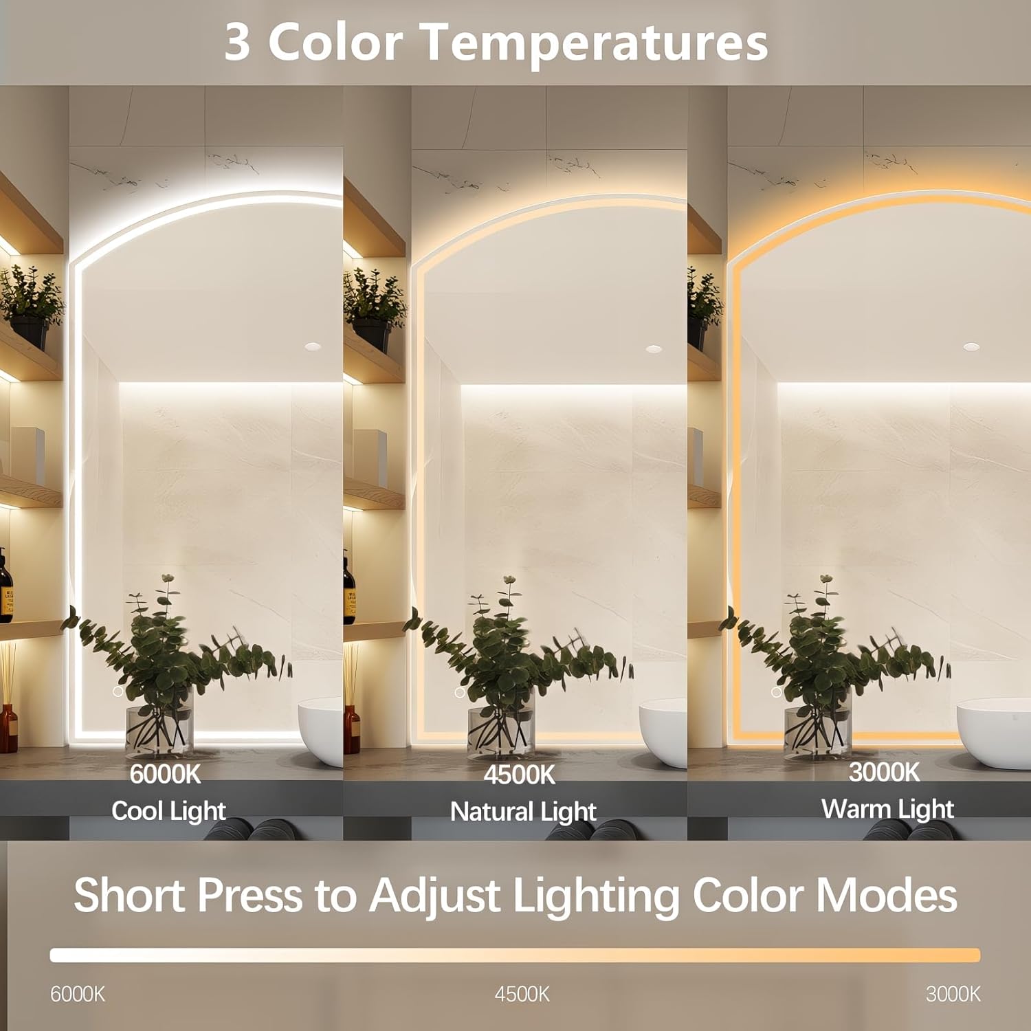 Niccy 44" Half Moon LED Mirror for Bathroom, Backlit/Front Lighted, Irregular 1/4 Round Lighted Mirrors with Bedroom Wall-Mirror, Frameless-Mirror for Entryway, Anti-Fog, Dimmable, Makeup-Mirror