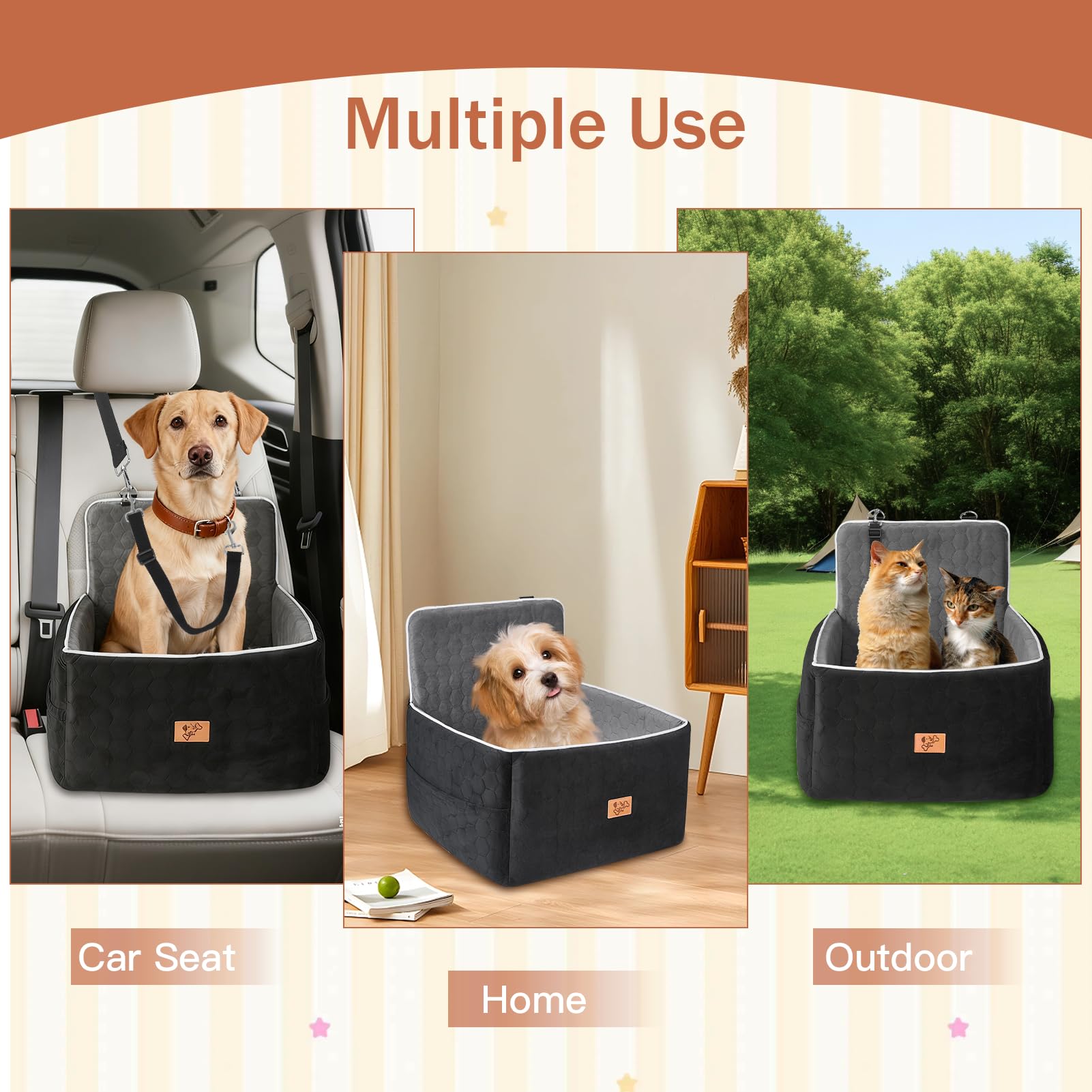 Asiento Perro Coche, Extra Estable Cama Perro Coche con Espuma Viscoelástica, Funda Lavable y Cinturón de Seguridad, Asiento Coche Perros para Medianos y Pequeños de hasta 13.6 kg, 52x52x50cm — view 9