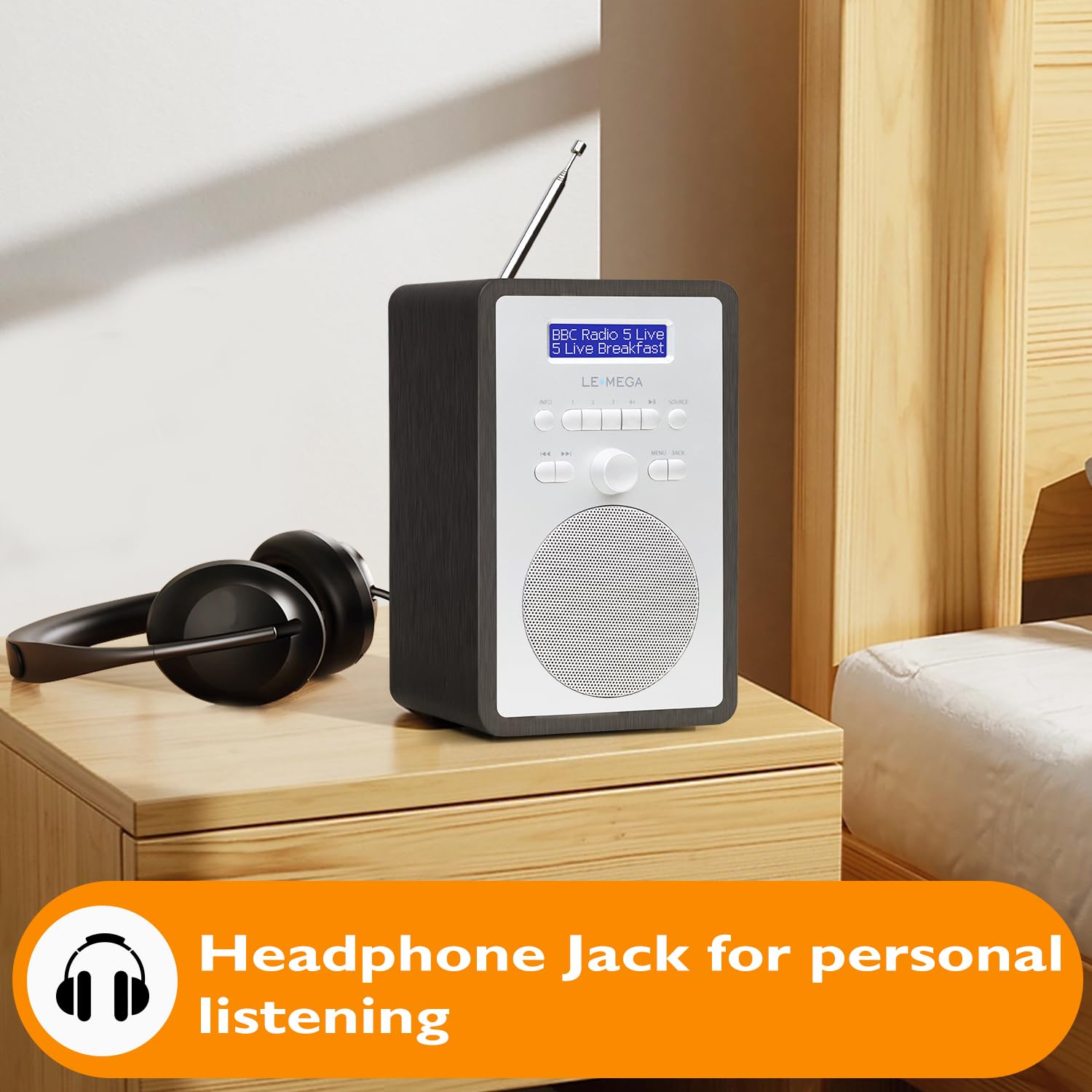 Radio Digitale LEMEGA CR2+ DAB+,Alimentazione da Rete,Sveglia,Rovere Nero | 20 stazioni memorizzabili, presa per cuffie, funzione snooze, timer di spegnimento, struttura in legno realizzata a mano