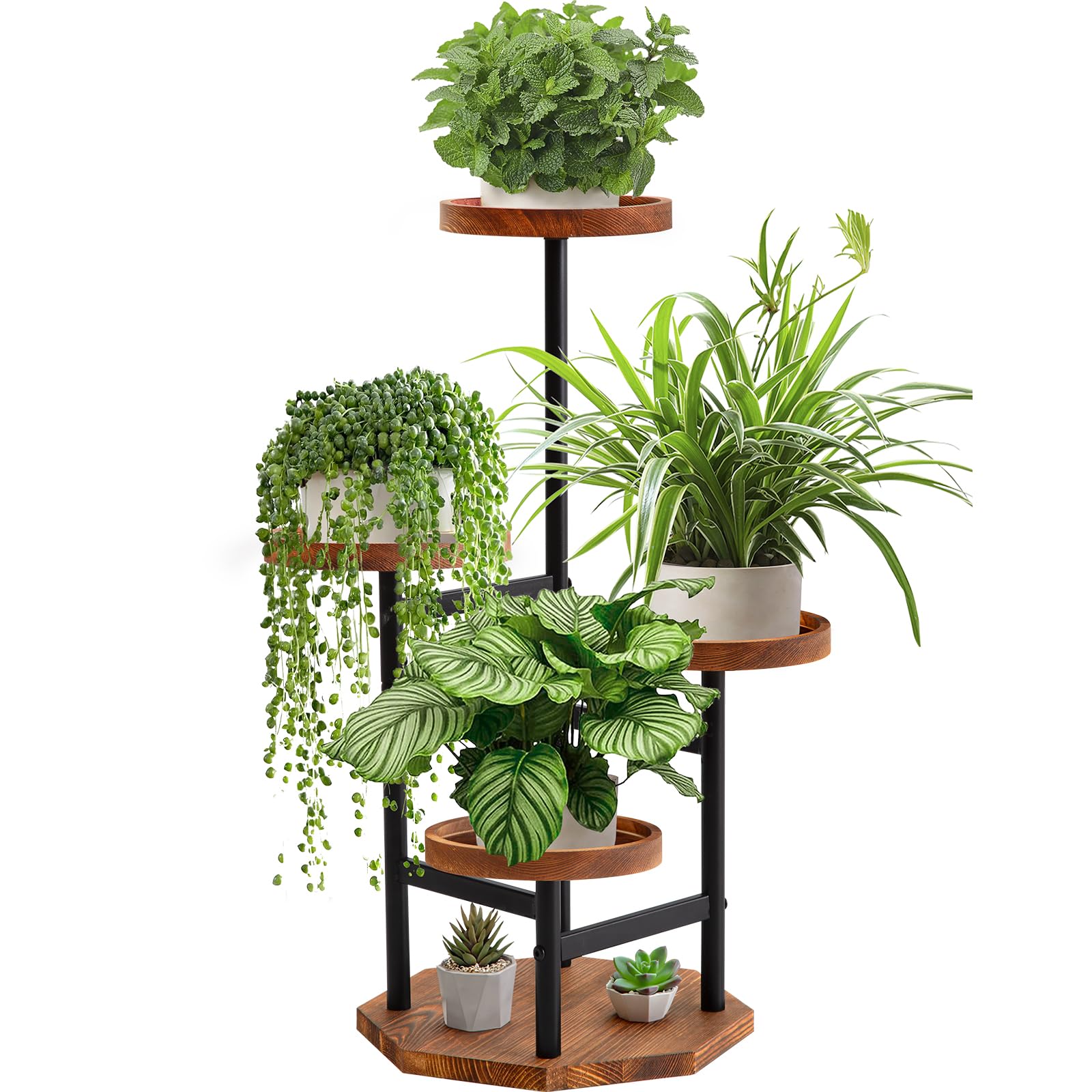 TEAKMAMA 4 Tier Plant Stand Tall Metal Wood Plant Shelf Holder for Indoor with Anti-fall Deep Grooves for Multiple Plants Outdoor Garden Plant Decor for Patio Garden Corner Living Room Balcony Bedroom