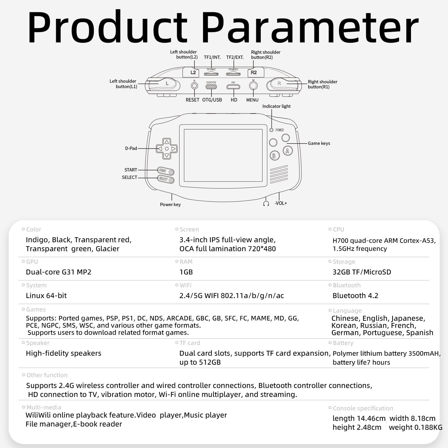 RG 34XX Retro Handheld Game Console Linux 64-bit 3.4 inch IPS Screen 32+64G Card RG34XX Portable Gaming Console 5000+ Preloaded Games 3500mAh Battery Compatible with WiFi HDMI Bluetooth Glacier Blue