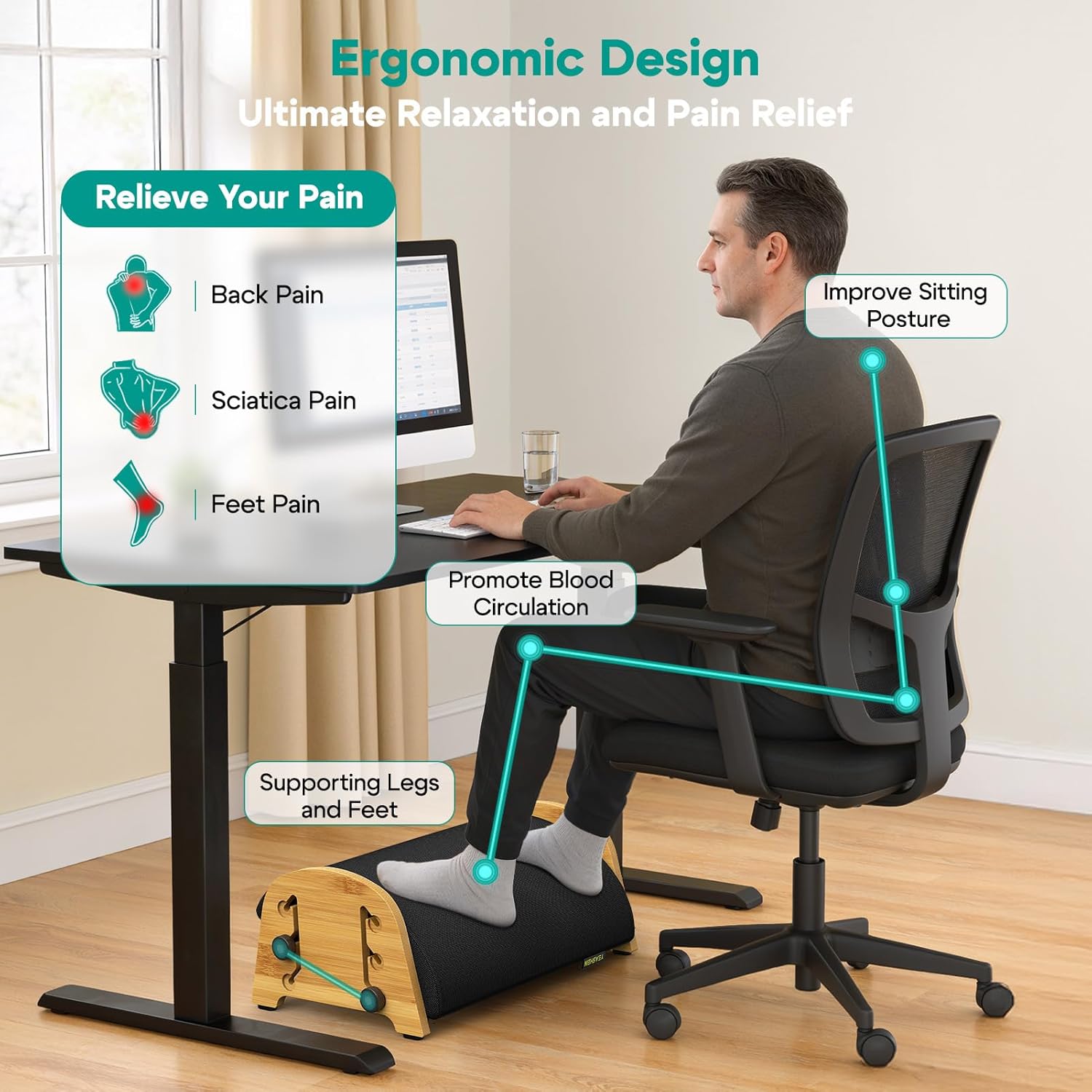 Ergonomic Foot Rest Under Desk at Work, Bamboo Wood Adjustable Foot Stool Under Desk with 6 Positions, Office Footrests with Memory Foam, Leg Rest Used for Car, Home, PC Gaming Accessories