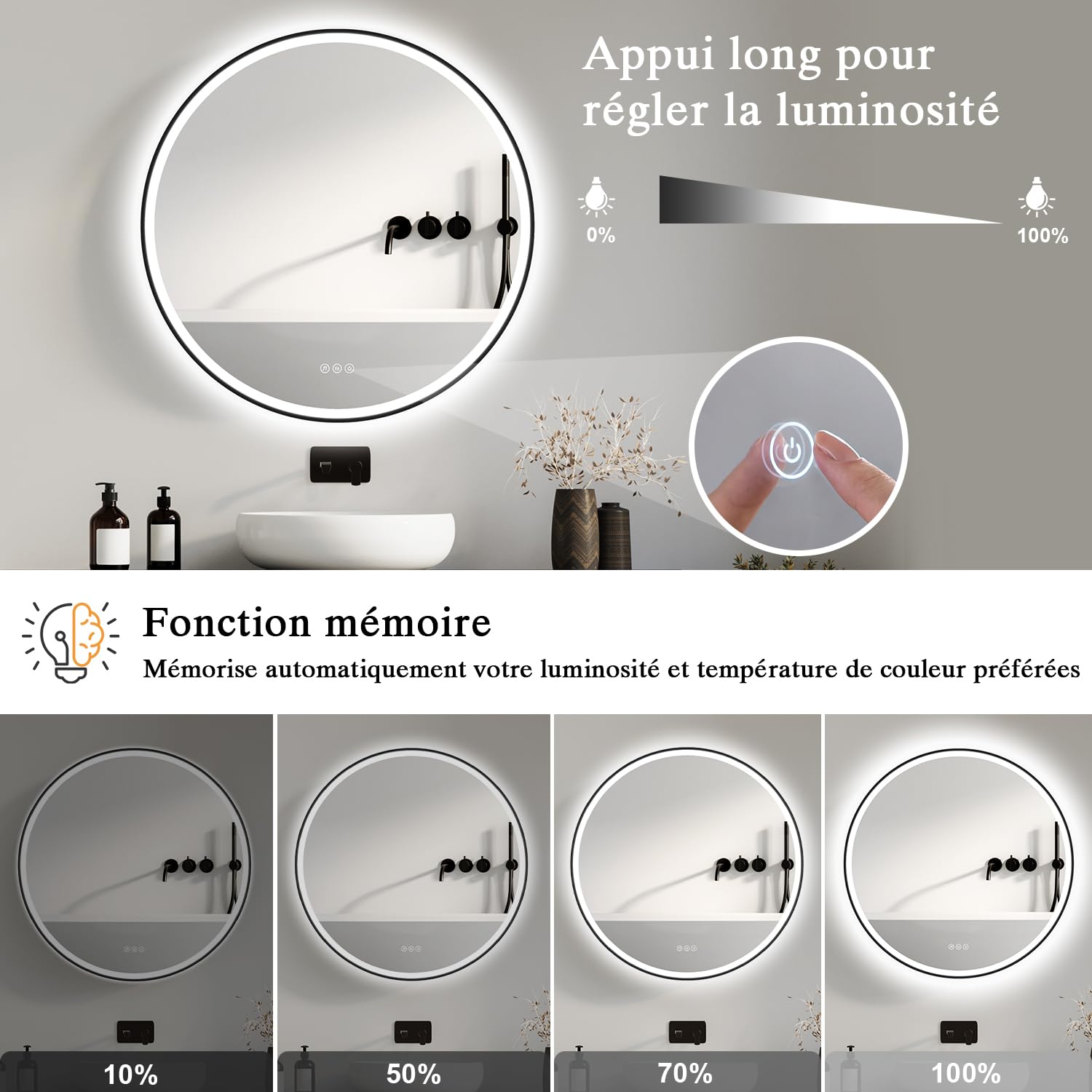 Bathroom Mirror with Lighting 60 cm – LED Bathroom Mirror Round with Bluetooth, Anti-Fog, Touch Switch, Dimmable, 3 Light Colours, Memory Function – Bathroom Mirror Black Metal…
