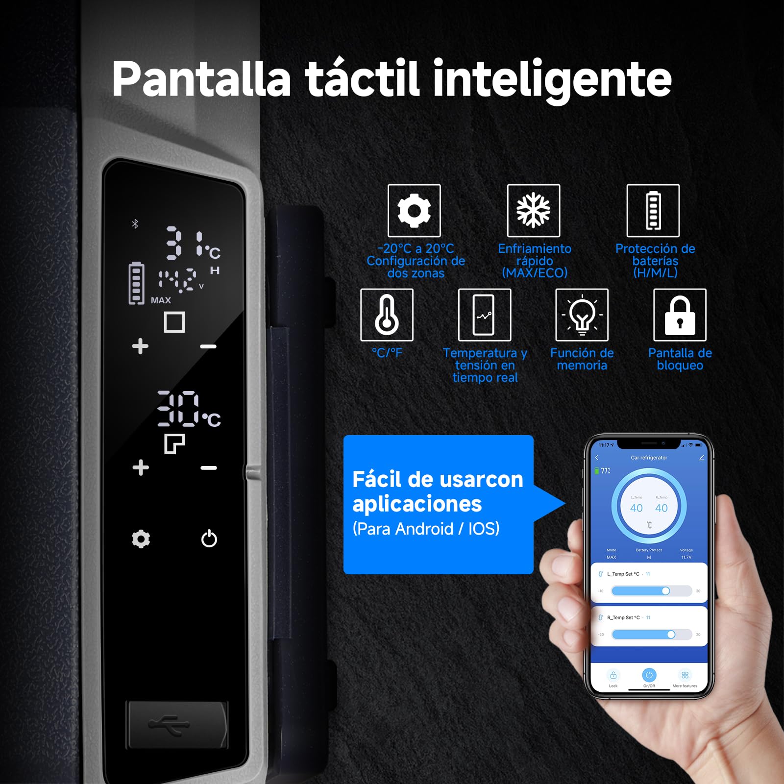 AAOBOSI 36l Nevera Portatil con Ruedas, Nevera Compresor Doble Zona con APP y Puerto USB, Nevera Camping 20 °C a -20 °C, 12/24V DC,100-240V AC, para Hogar, Camping, Viajes, Coche, Barco y Autocaravana