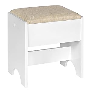 WOLTU Taburete Tocador, Taburete Maquillaje para Dormitorio, Silla Tocador con Asiento Tapizado en Lino Transpirable, Estructura MDF E1, 40x30x45cm, Beige+Blanco, MB6098be