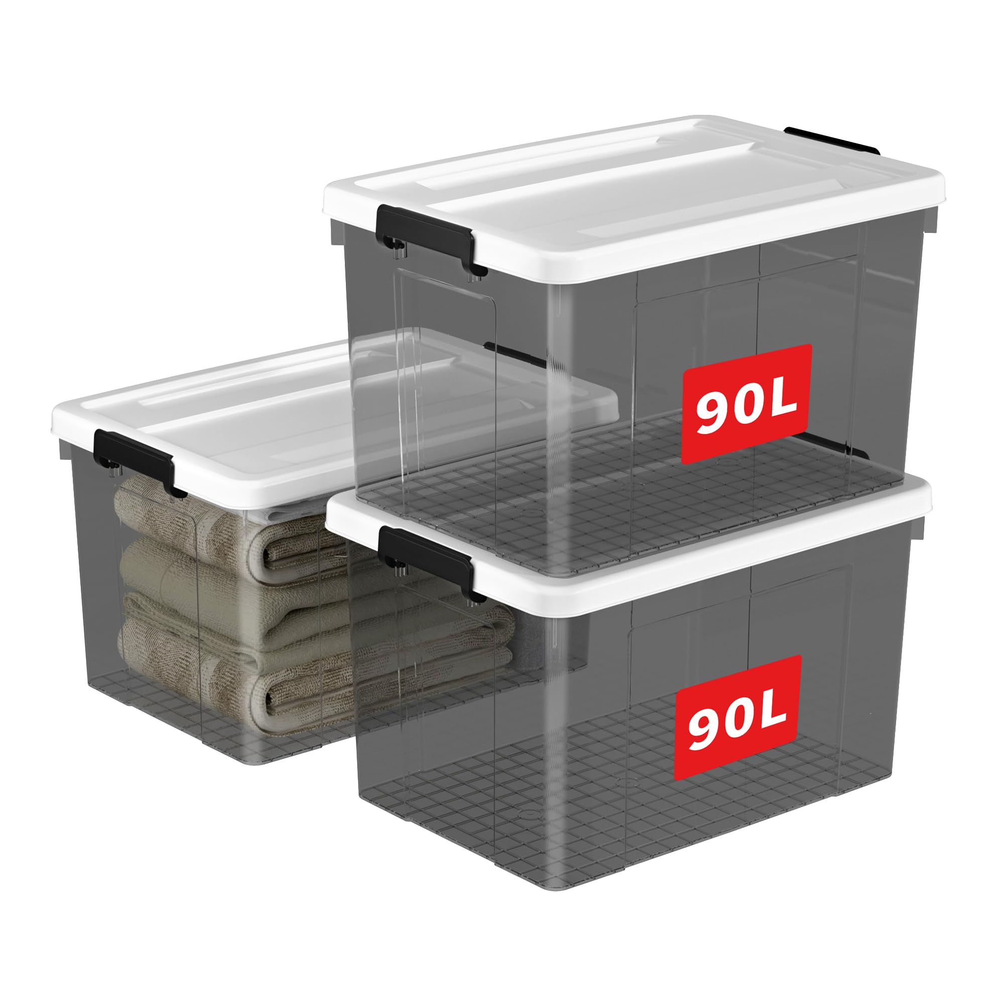 Cetomo 90L*3 Scatole di Stoccaggio in Plastica, Scatole Portaoggetti con Coperchio, Organizzatore, Contenitori per Casa e Ufficio, Impilabile, Resistente, Nero Chiaro, 90L - Confezione da 3