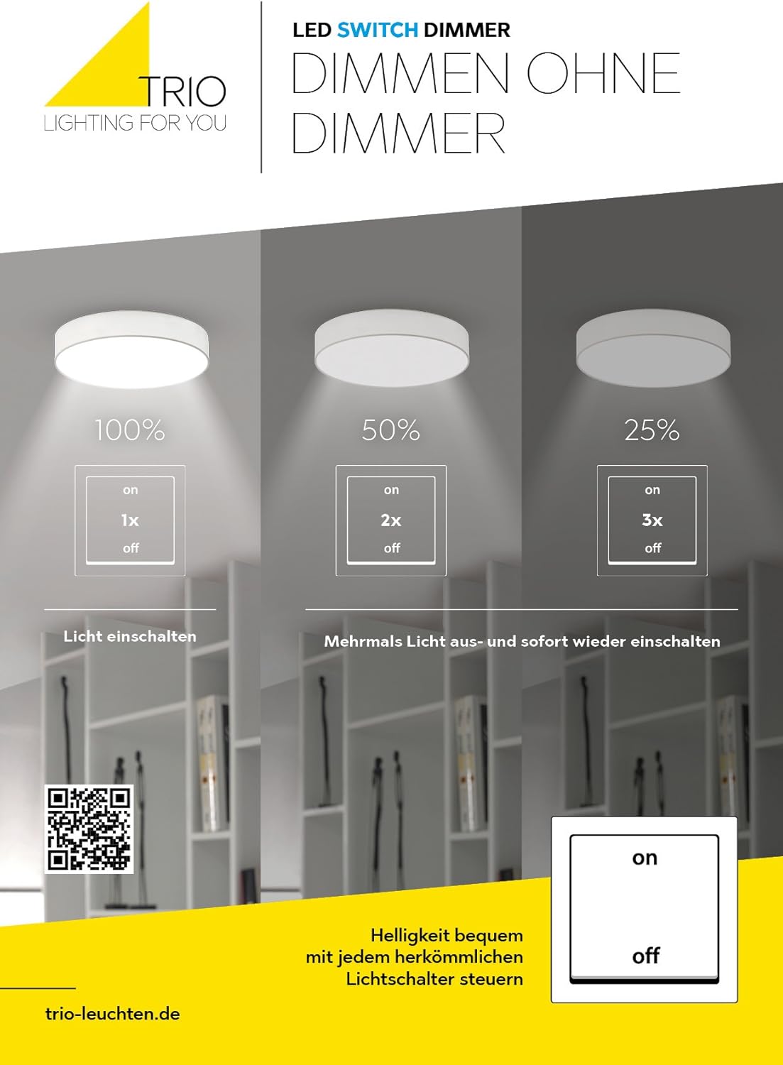 Diagram illustrating the SWITCH dimmer function, showing how to achieve 100%, 50%, and 25% brightness by cycling a standard wall switch.