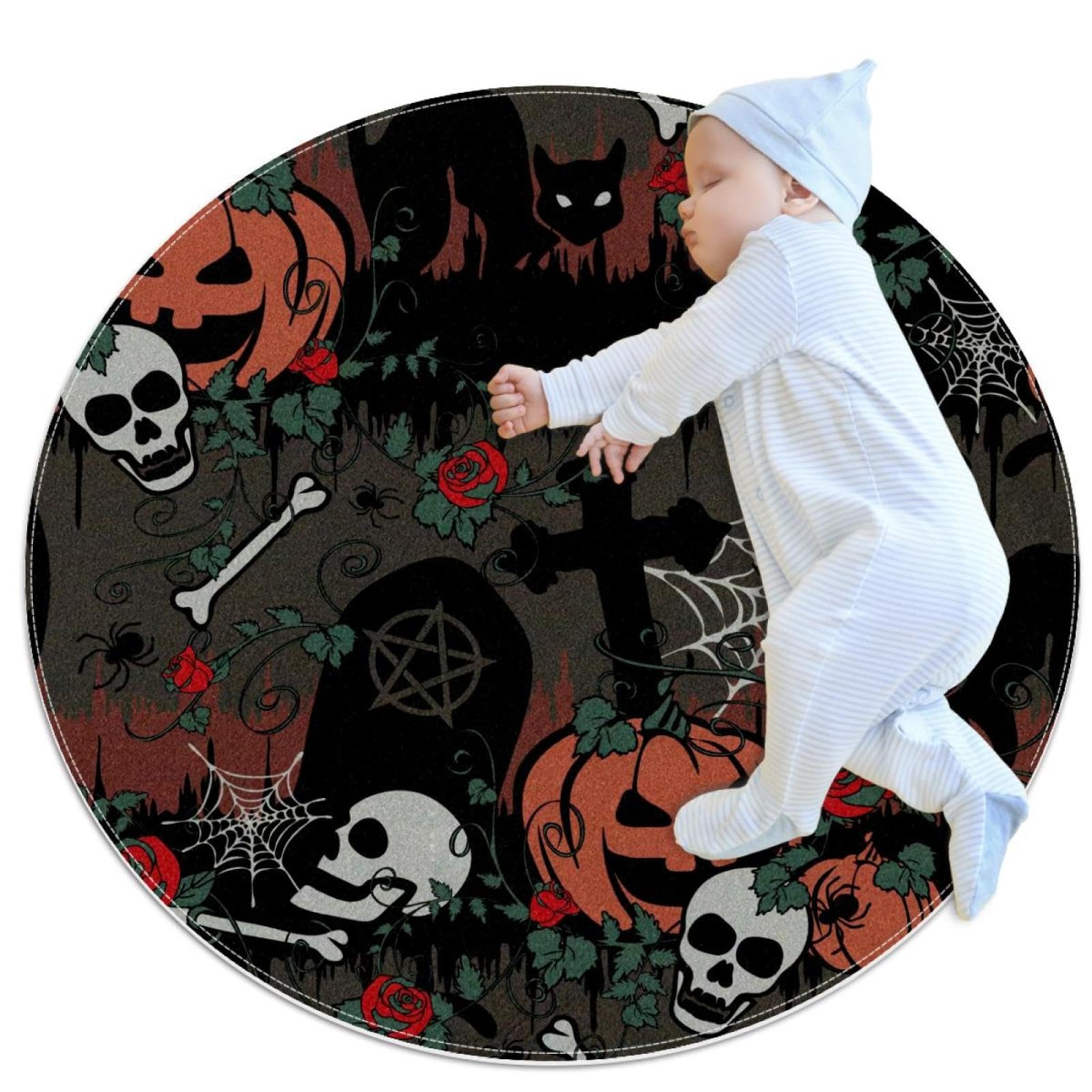 Tapis de salle de bain Halloween rond 1m antidérapant avec motif tête de mort pour chambre