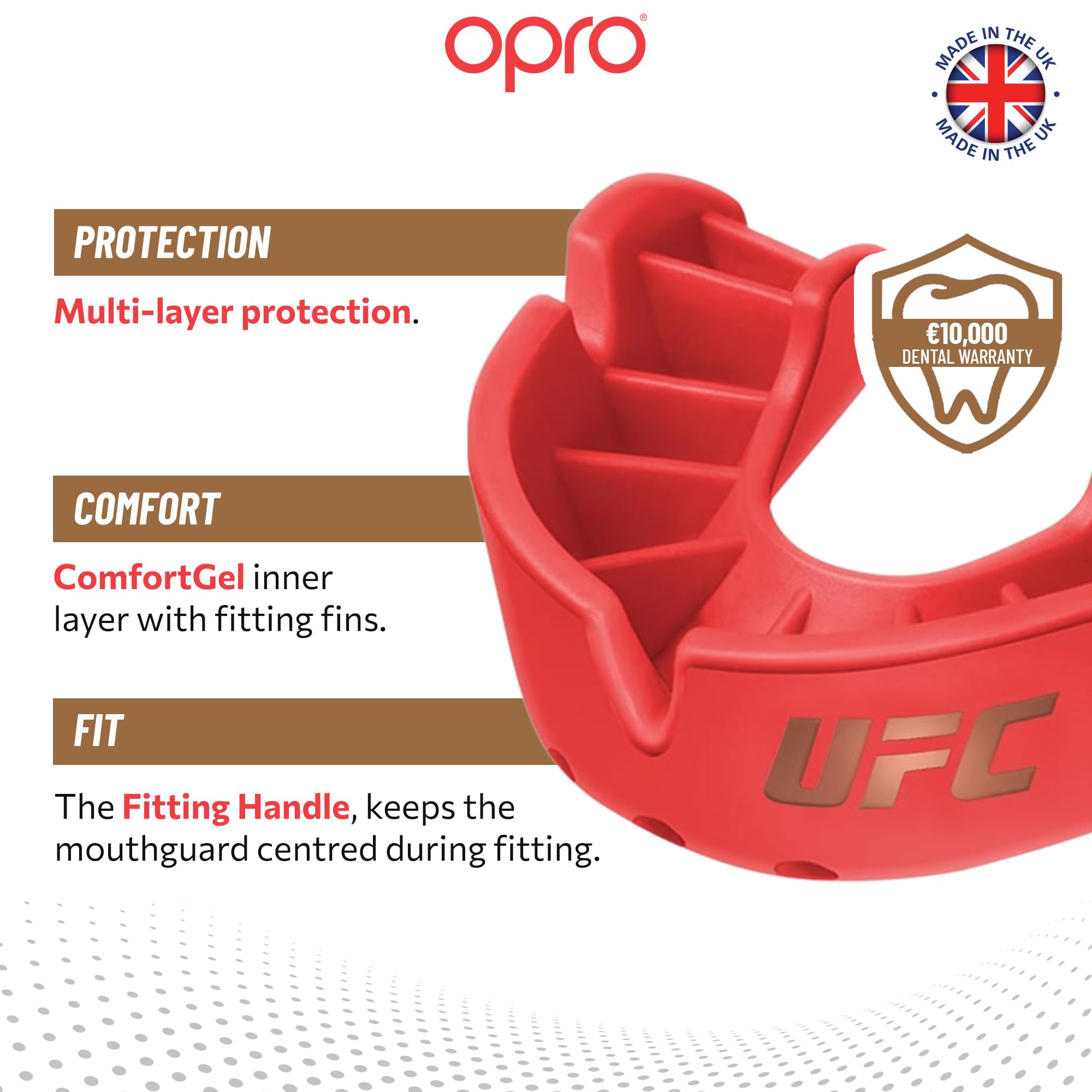 OPRO Bronze Level UFC sportowa osłona na zęby dla dorosłych i młodzieży z etui i urządzeniem montażowym, osłona dziąseł do UFC, MMA, boksu, BJJ i innych sportów walki (czerwona, dla dorosłych)