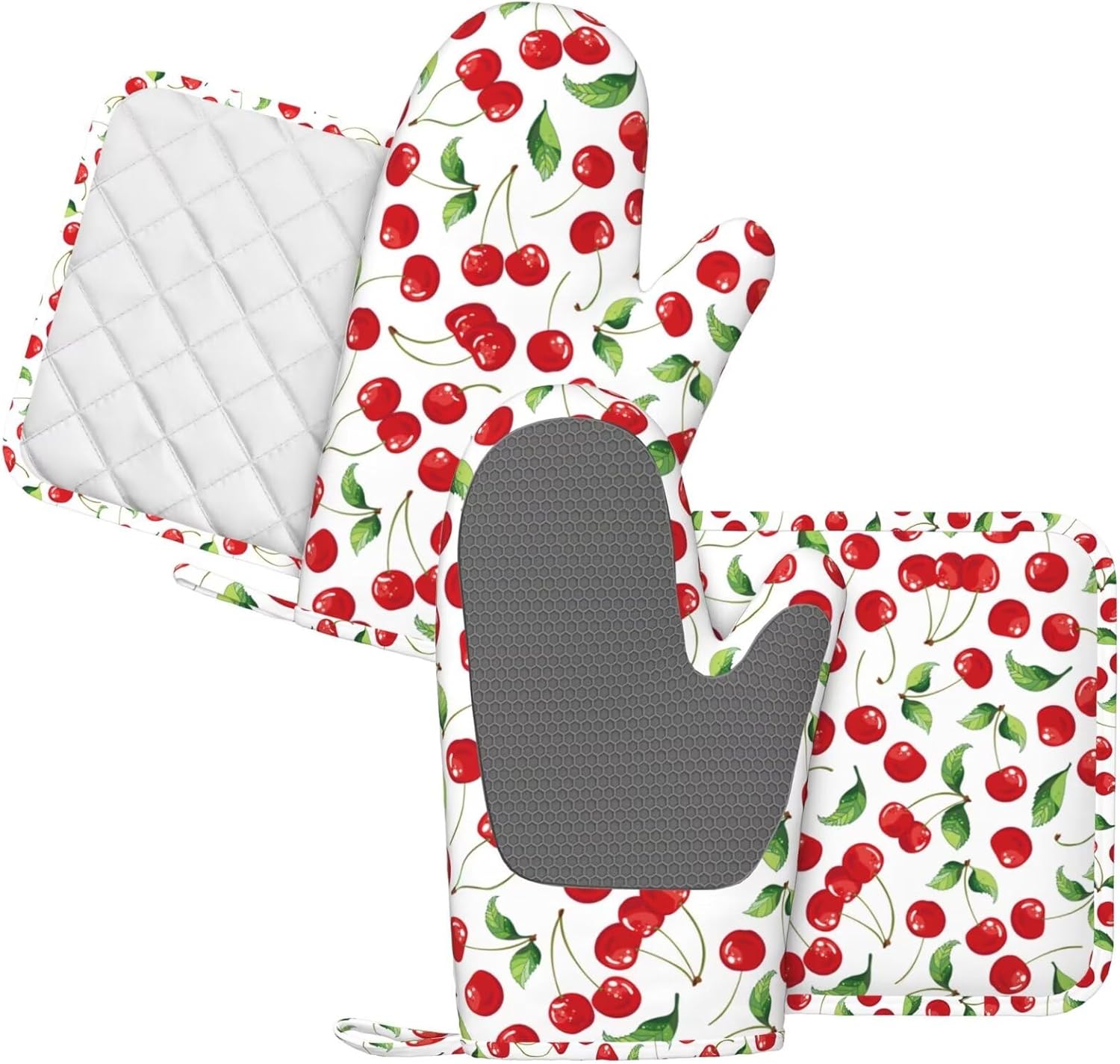 Cherry Fruit Pattern Oven Mitts and Pot Holders Sets Silicone Watercolor Cherries Kitchen Mitts Potholders Heat Resistant 4Pcs Oven Gloves Hot Pads for Kitchen Baking Cooking BBQ Grilling