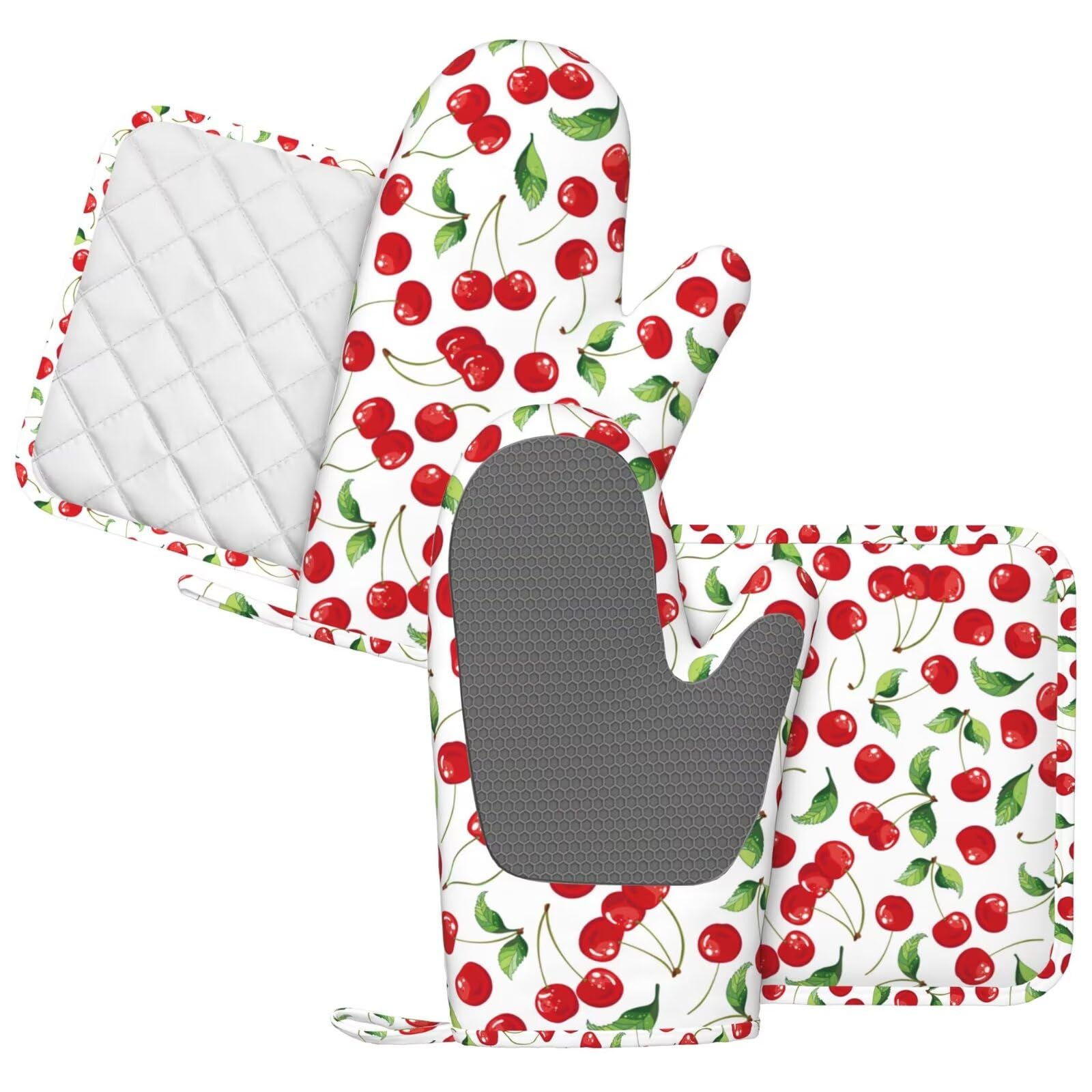 Juego de manoplas de horno y soportes para ollas de silicona con patrón de frutas de cerezas, manoplas de cocina, resistentes al calor, 4 guantes de horno, almohadillas calientes para