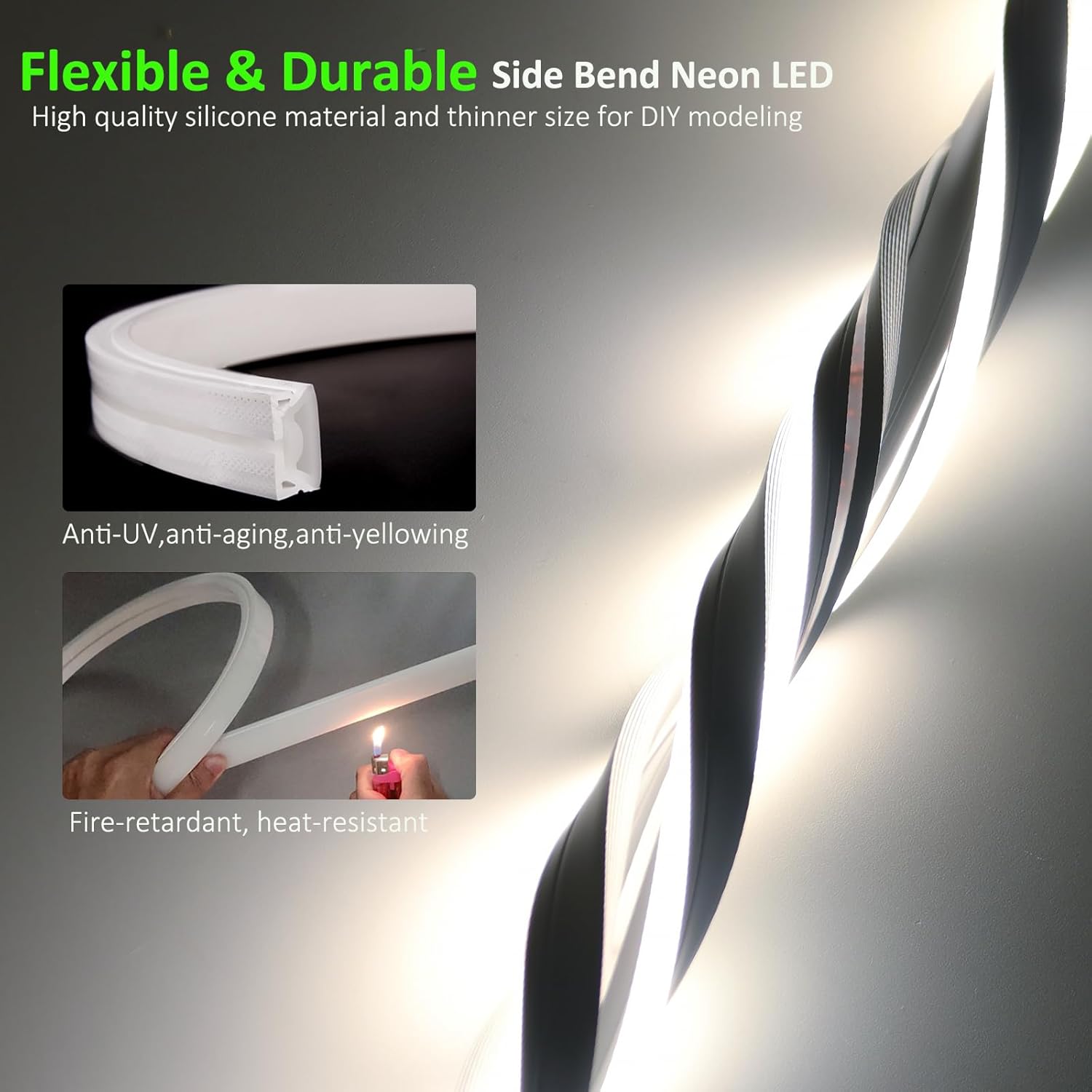 JOYLIT 4MM Width Neon LED Strip Lights 5000K Daylight White 16.4FT, 24V Flexible Waterproof Neon Rope Light Uniform Glow 168LED/M, Neon Cuttable Strip Lights for Patio, Bathroom, DIY (No Power Supply)