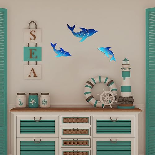Miniatura 6 de Yaomiao 3 piezas de decoración de pared de delfín de metal para decoración de playa, decoración colgante costera, océano, náutico, tropical, playa,