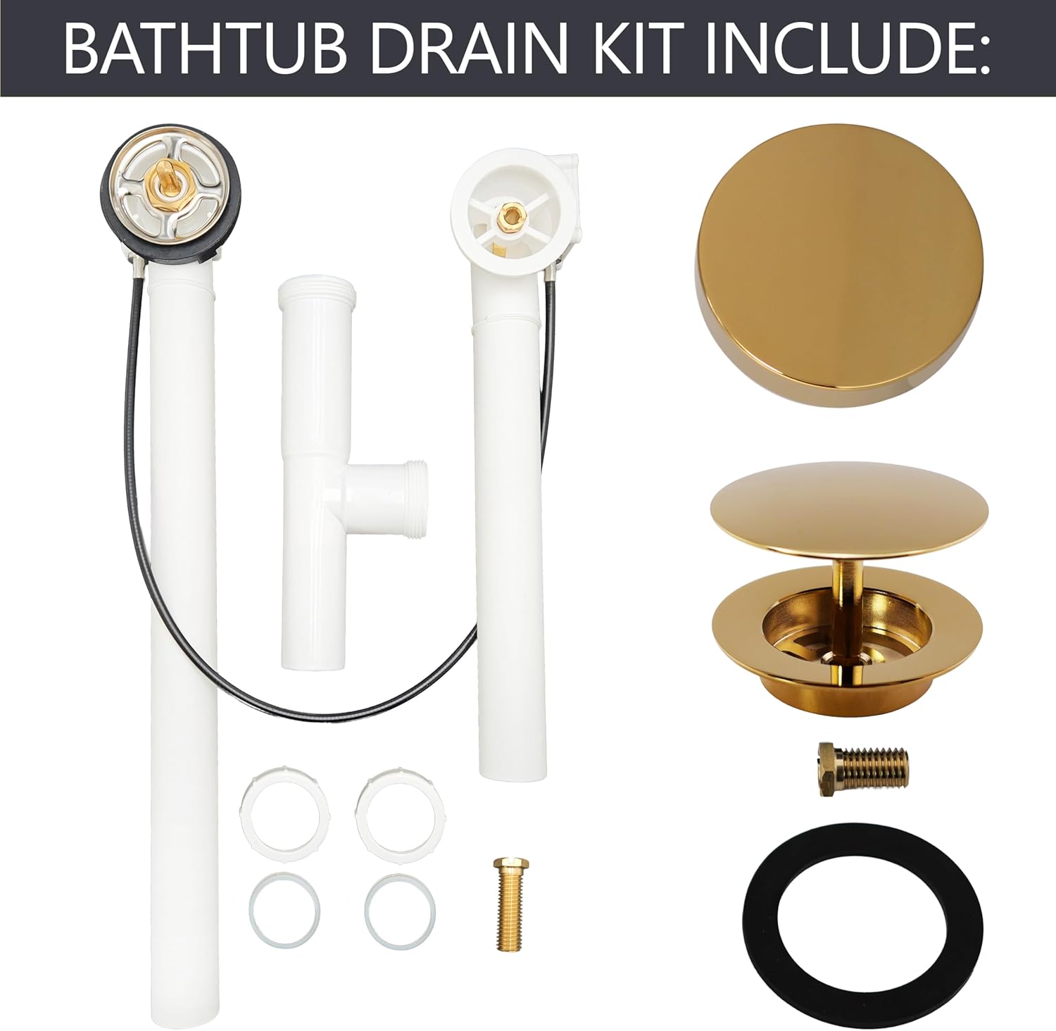 Westbrass A50P27TLERE-01 27" Cable Drive Bath Drain Trim Kit with Rotary Overflow Cover Knob, Pop-Up Stopper and Poly Tubular Pipes & Fittings, Polished Brass