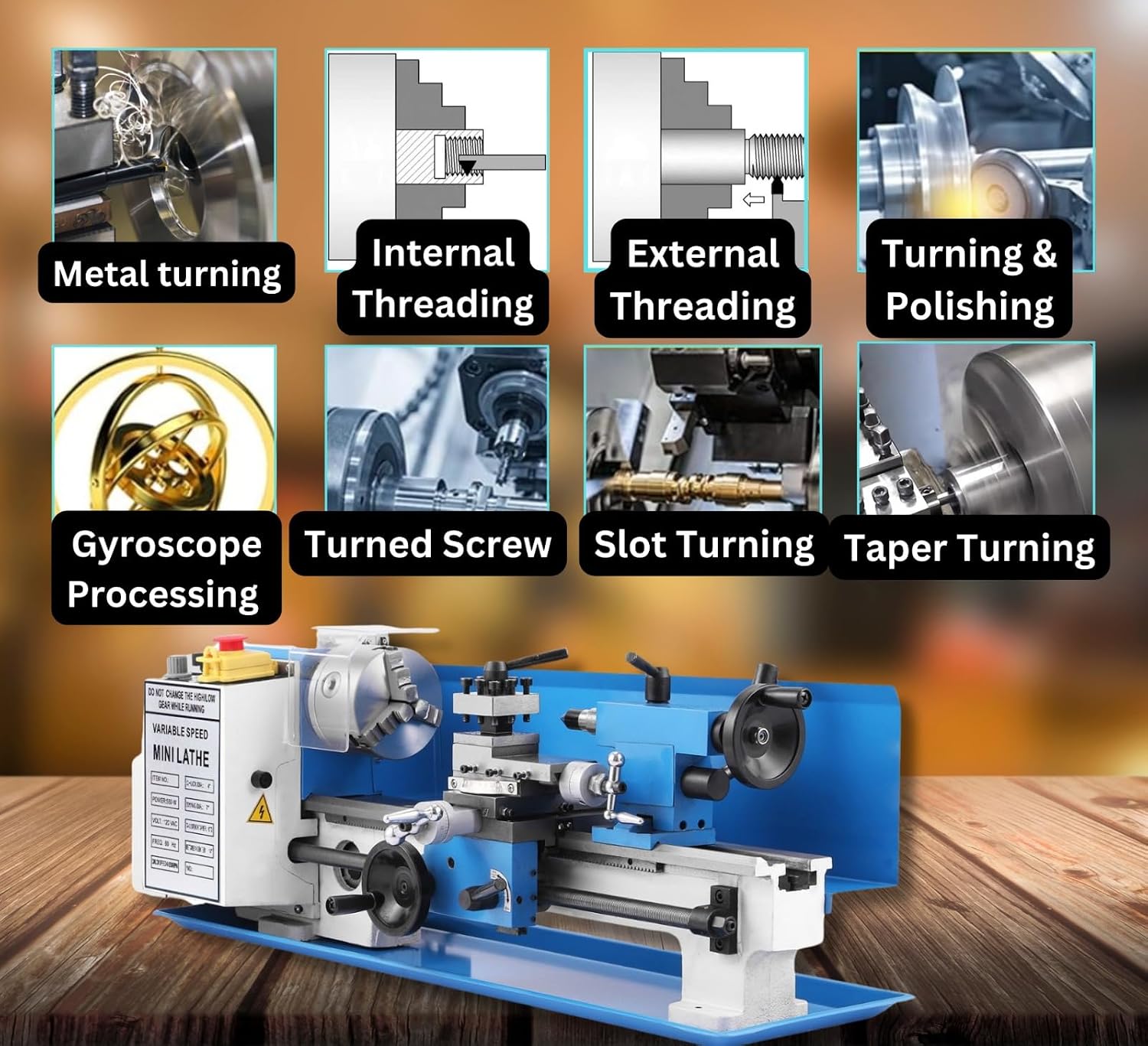 Package of 1 x Mini 7 x 14 Lathe Machine with 6 Free Compatible Accessories, Taper Turning, Radius Turning, Ball Turning, Vertical Slide, Z Angle Plate, Steel Grinding Vice