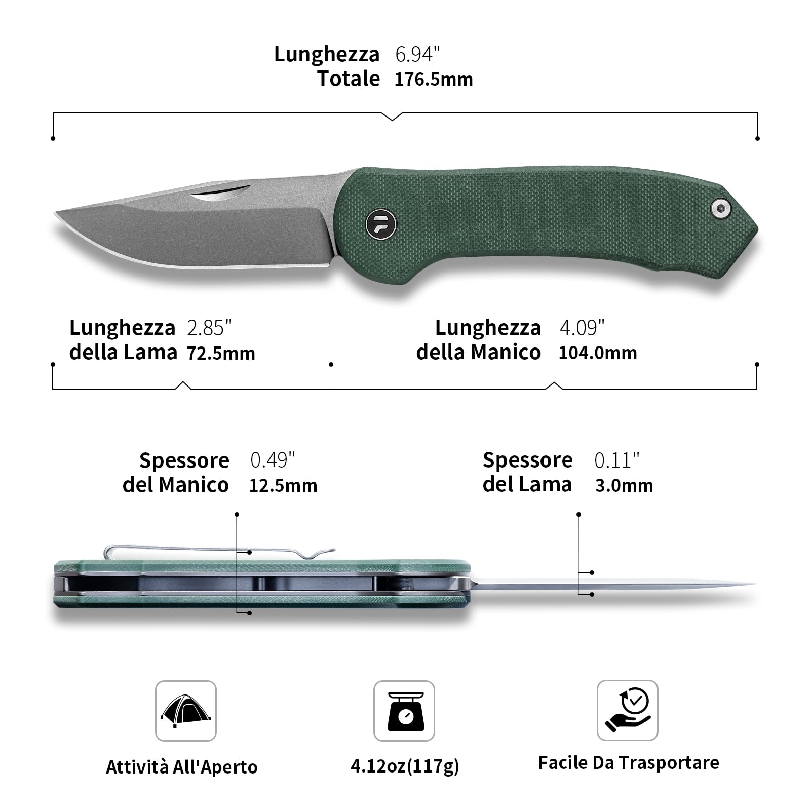 7,25 cm Coltello Tascabile, Coltello Pieghevole con Manico G10 e Lama in Acciaio VG10, Clip Da Tasca Per Trasporto Profondo, Coltelli Pieghevoli,Coltelli Da Tasca,Per Uomo Regalo,Verde