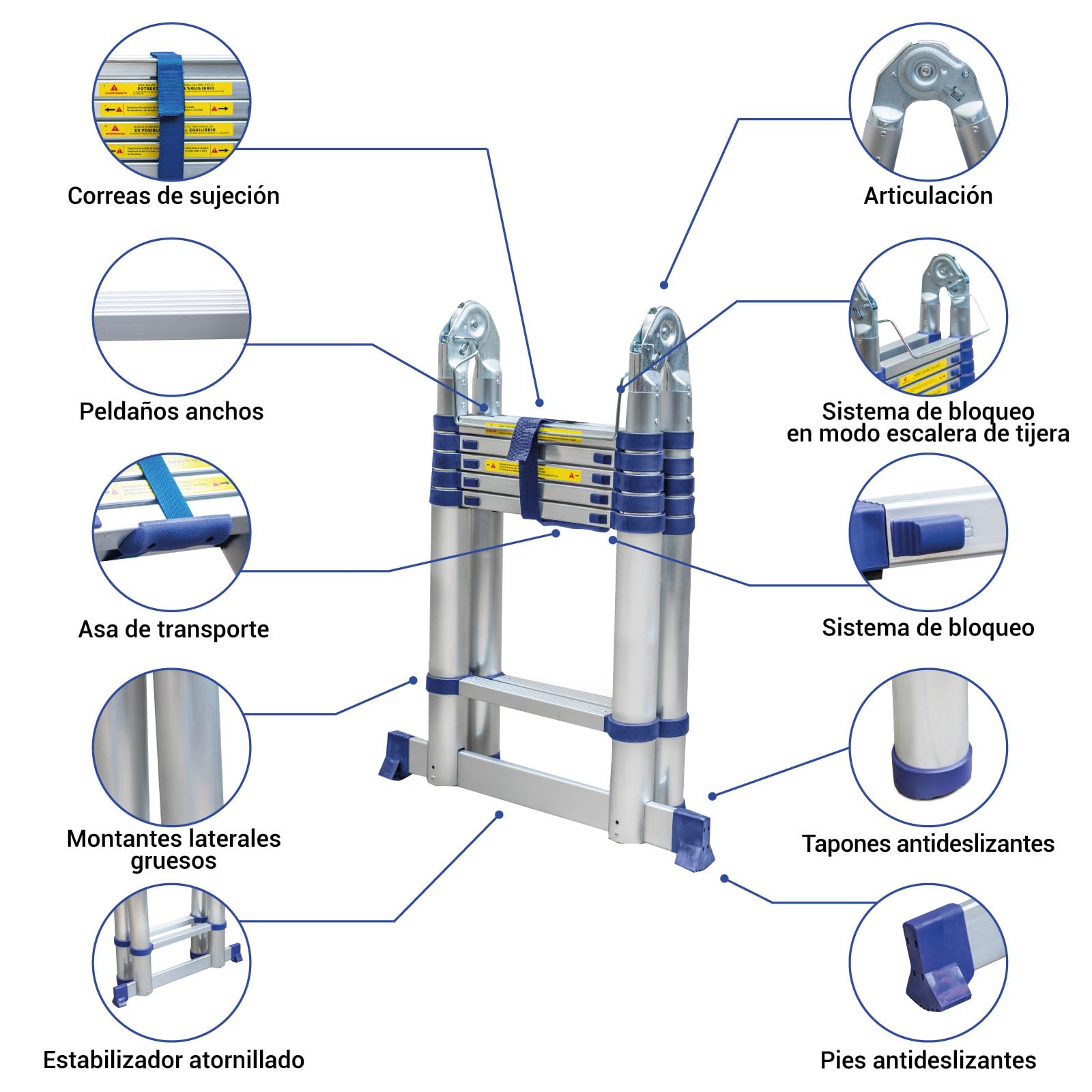 HOSTRÖM Escalera telescópica articulada de 3,8 m STEMPAKT, Escalera de 2 x 6 peldaños Plegable Profesional multifunción, Altura de Trabajo máx. 4,7 m, garantía de 5 años.