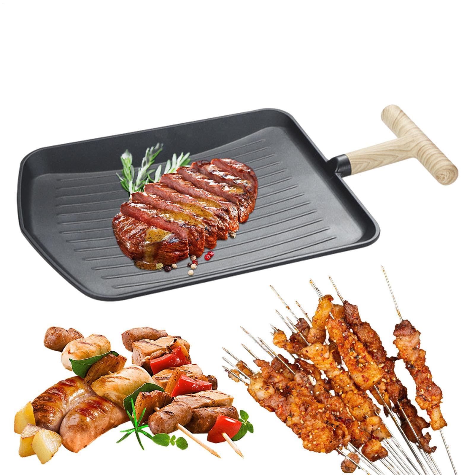 Generisch Per la griglia, manico multifunzione con effetto legno, griglia per cucinare e grigliare in interni, per feste in giardino, grigliare carne e verdure per principianti esperti