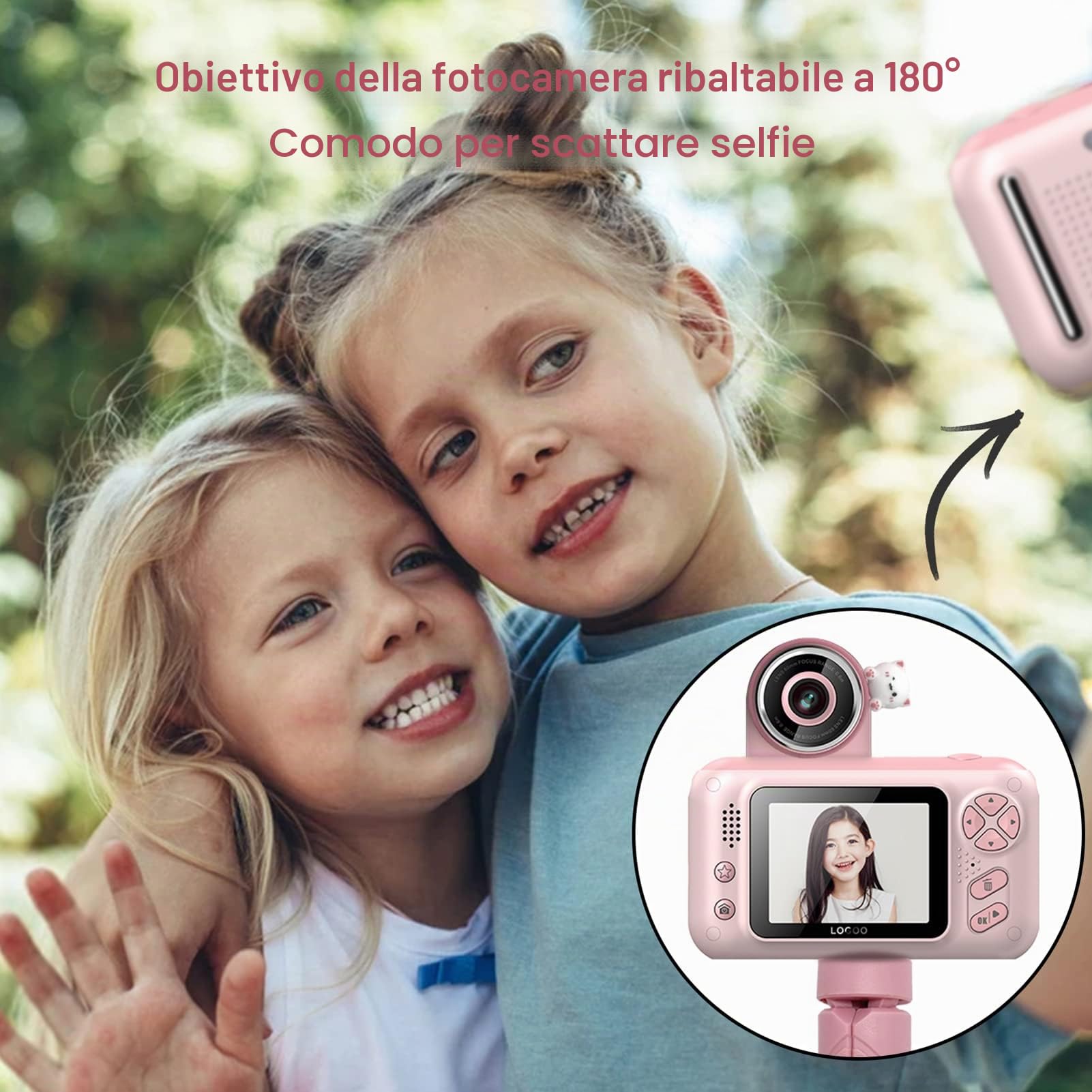 Andoer, Fotocamera Digitale per Bambini, 1080P, 40 MP, Schermo IPS da 2,4", Obiettivo Girevole da 180°, Treppiede, 32 GB, Rosa