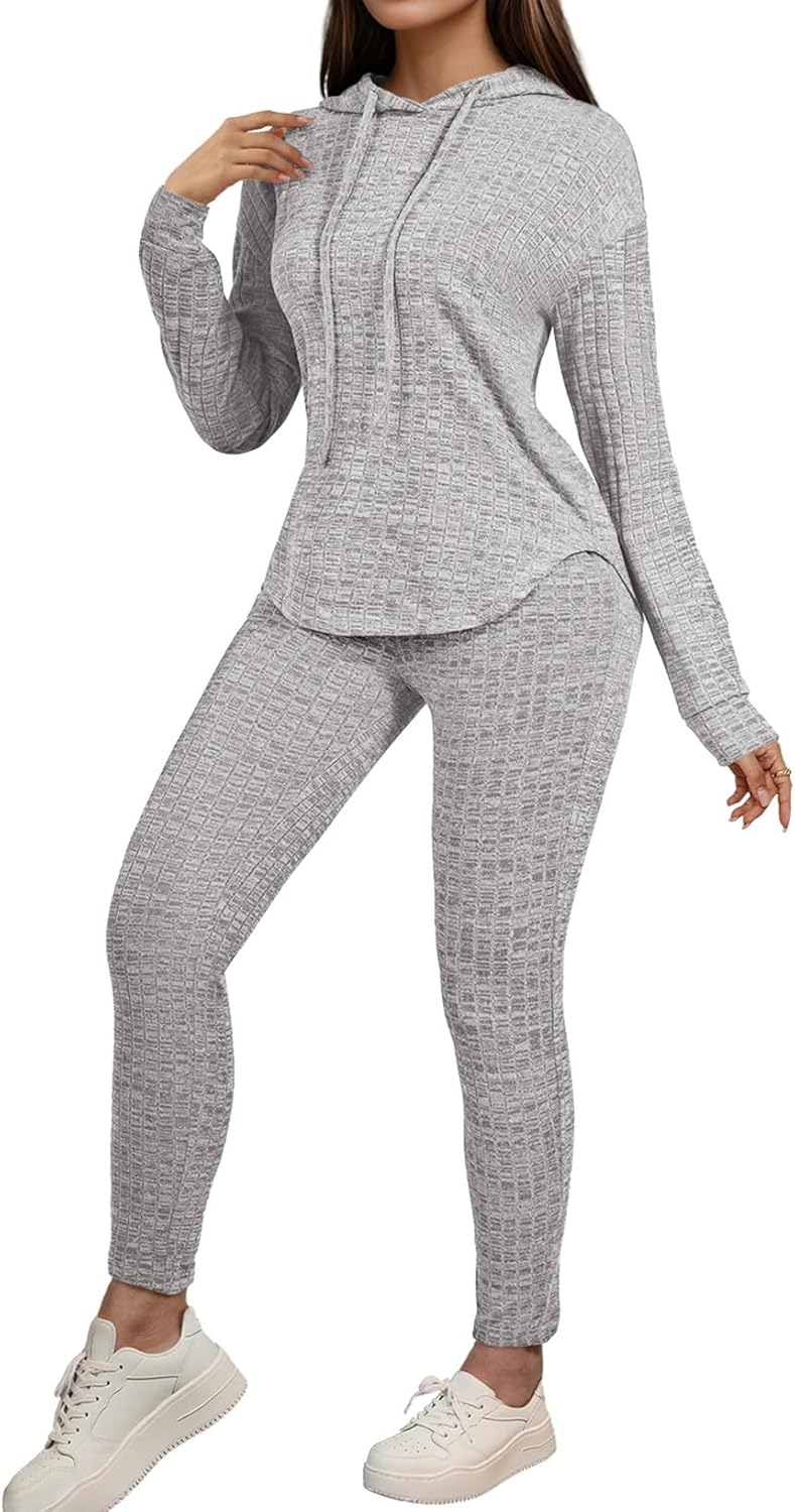 Fixmatti Women Pullover Hoodie Sweat Set Long Sleeve Ribbed Sweatsuit Tracksuits with Pocket
