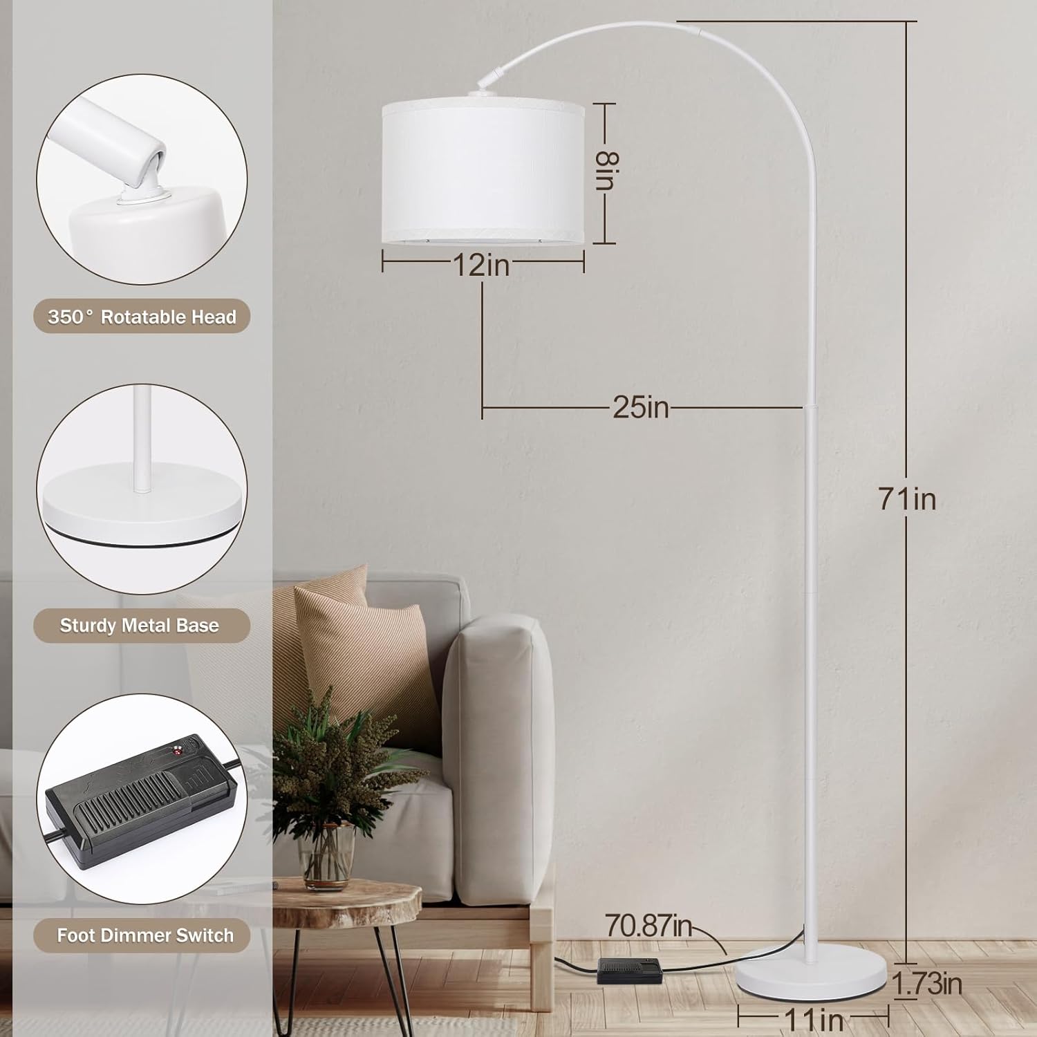 Seaside village Standing Lamp for Living Room, Dimmable Arc Floor Lamp with White Adjustable Hanging Shade, Modern Pole Lamp Tall Reading Light for Bedroom, Over Couch, Office, 9W LED Bulb Included