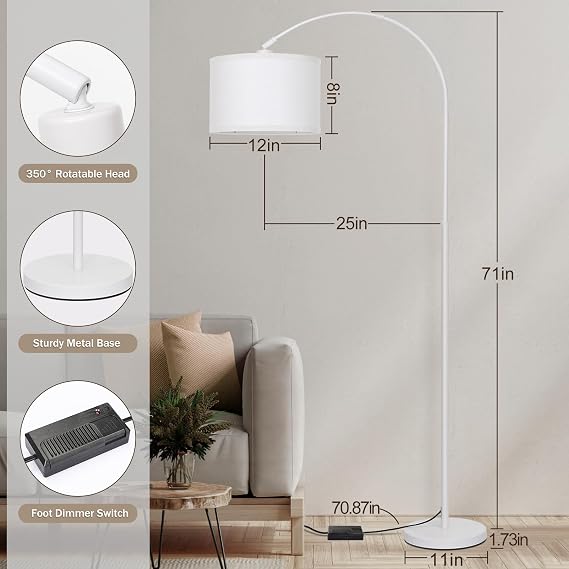 Seaside village Standing Lamp for Living Room, Dimmable Arc Floor Lamp with White Adjustable Hanging Shade, Modern Pole Lamp Tall Reading Light for Bedroom, Over Couch, Office, 9W LED Bulb Included