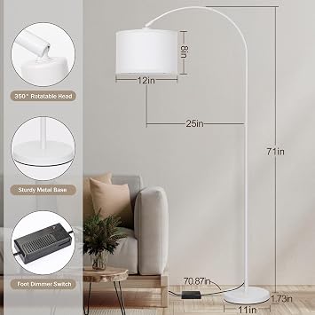 Seaside village Standing Lamp for Living Room, Dimmable Arc Floor Lamp with White Adjustable Hanging Shade, Modern Pole Lamp Tall Reading Light for Bedroom, Over Couch, Office, 9W LED Bulb Included
