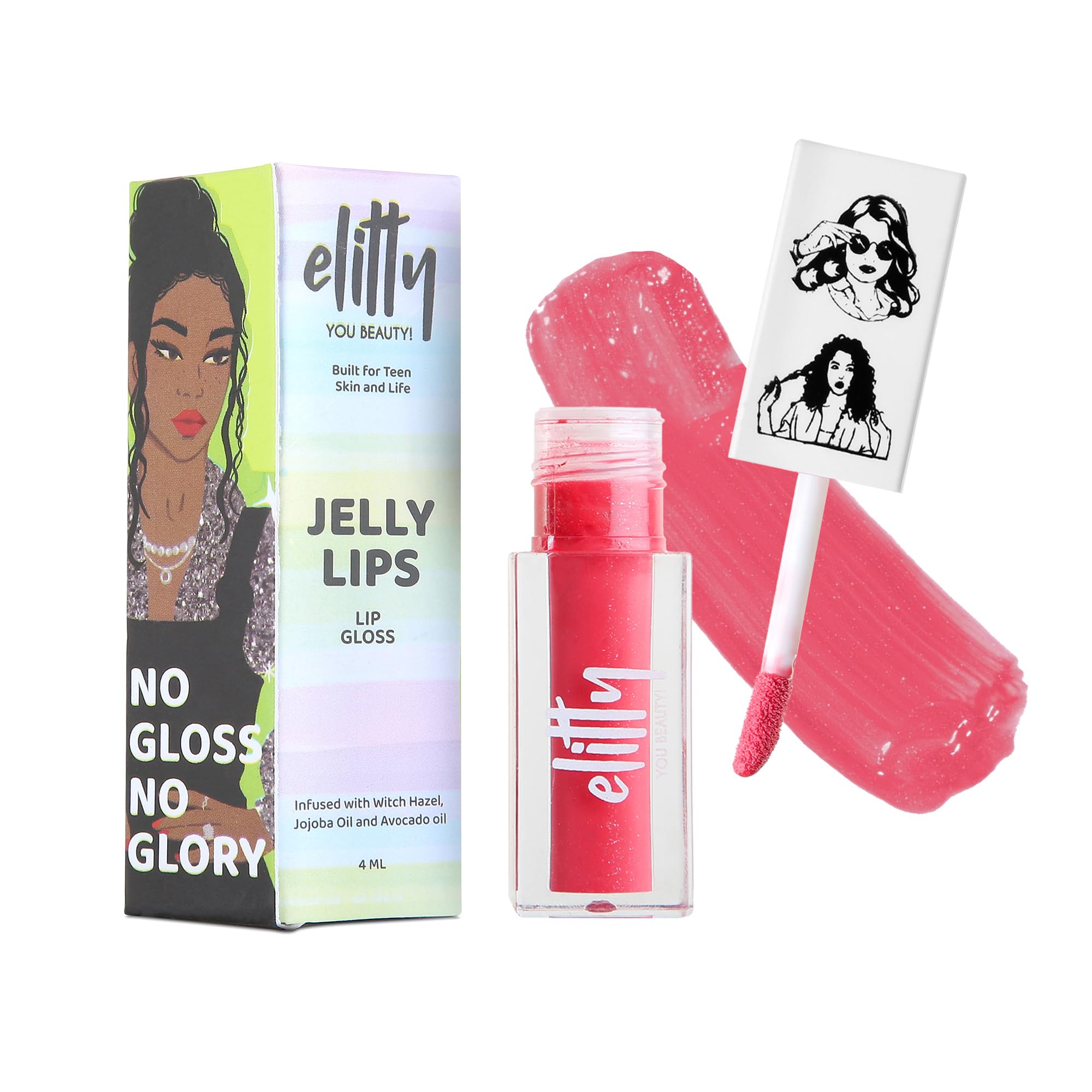 Elitty Jelly Lips- Pink Lip Gloss for High Shine, Glossy Finish & Hydrating Lips with Jajoba Oil & Vitamin E | Vegan & Cruelty-Free, Pretty Drip (4 ML)
