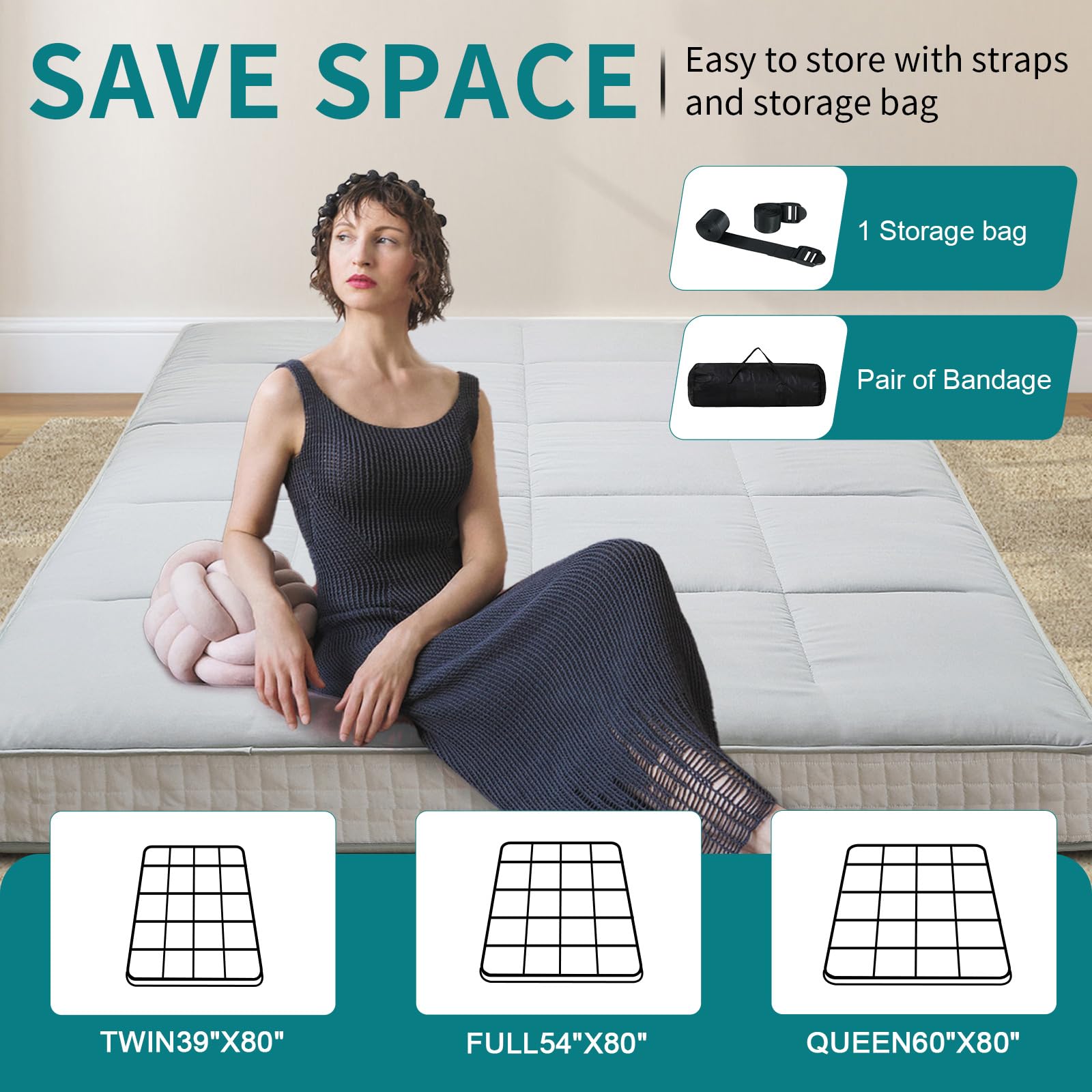 SUNYRISY Japanische Futon Matratze, 200 x 140cm Bodenmatratze Mit Aufbewahrungstasche, Faltbare Tragbar Tatami Gästematratze Klappbett, Grau