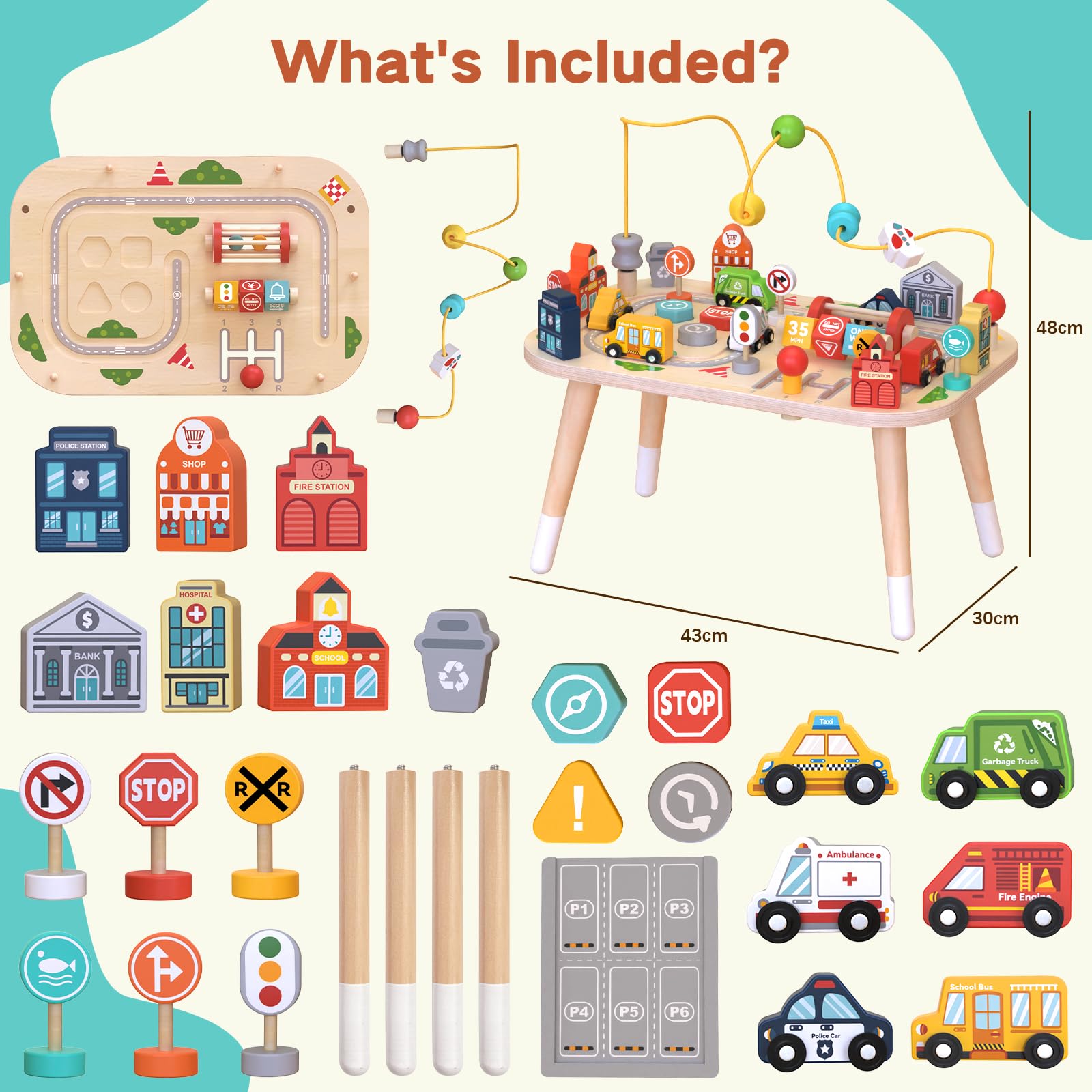 Weilim Mesa de Actividades de Madera para bebés, Juguete Montessori con Laberinto de Cuentas, clasificador de Formas y Pista de Tren, Juguete Educativo sensorial (Coche)