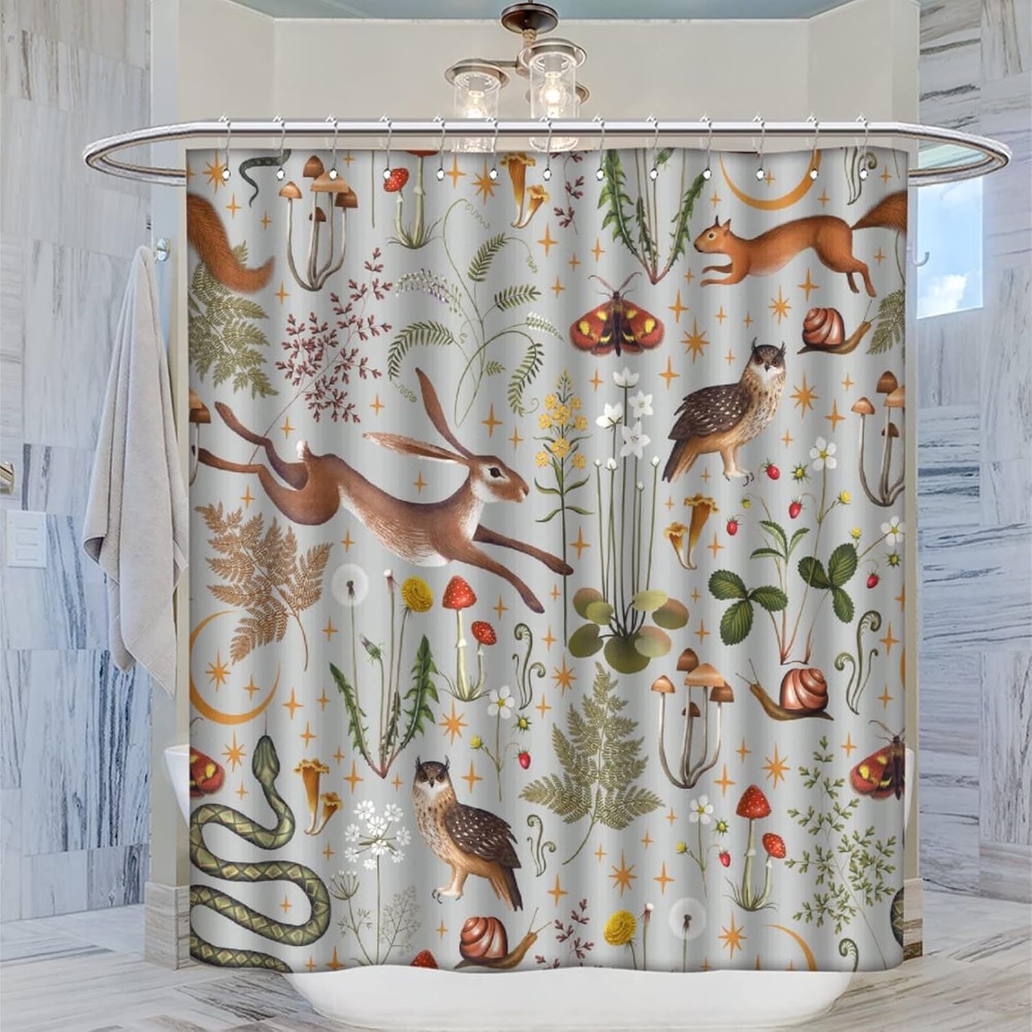 Rustic Forest Shower Curtain Wild Animal Hare Squirrel Owl Snake Snail Flowers Mushroom Pattern for Rural Cottage Farmhouse Shower Curtain with 12 Plastic Hooks Grey Background 66x72Inch(168x183cm)