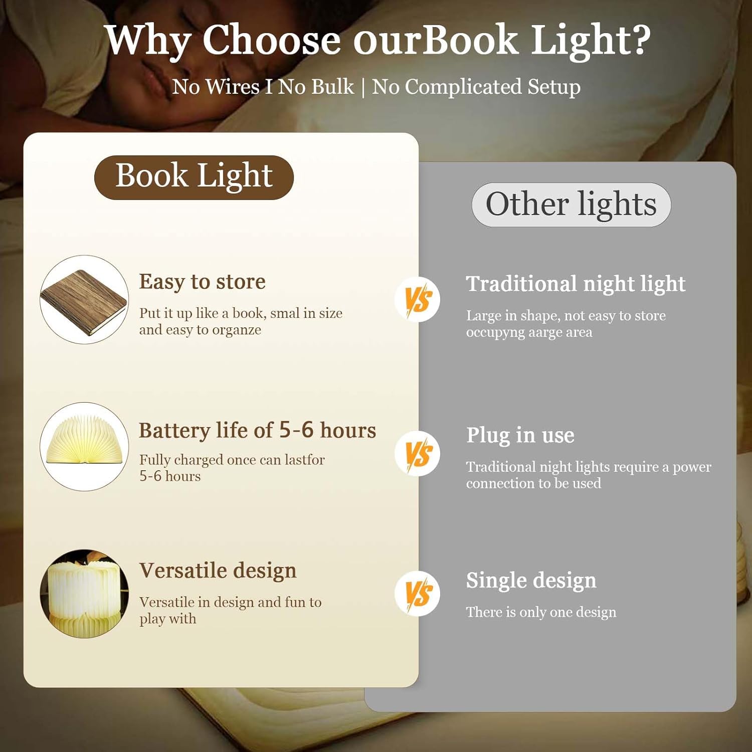 Anwick Lamp Book Large Size Folding Mood Light, Novelty LED Night Light, USB Large Capacity Rechargeable Wooden Table Lamp