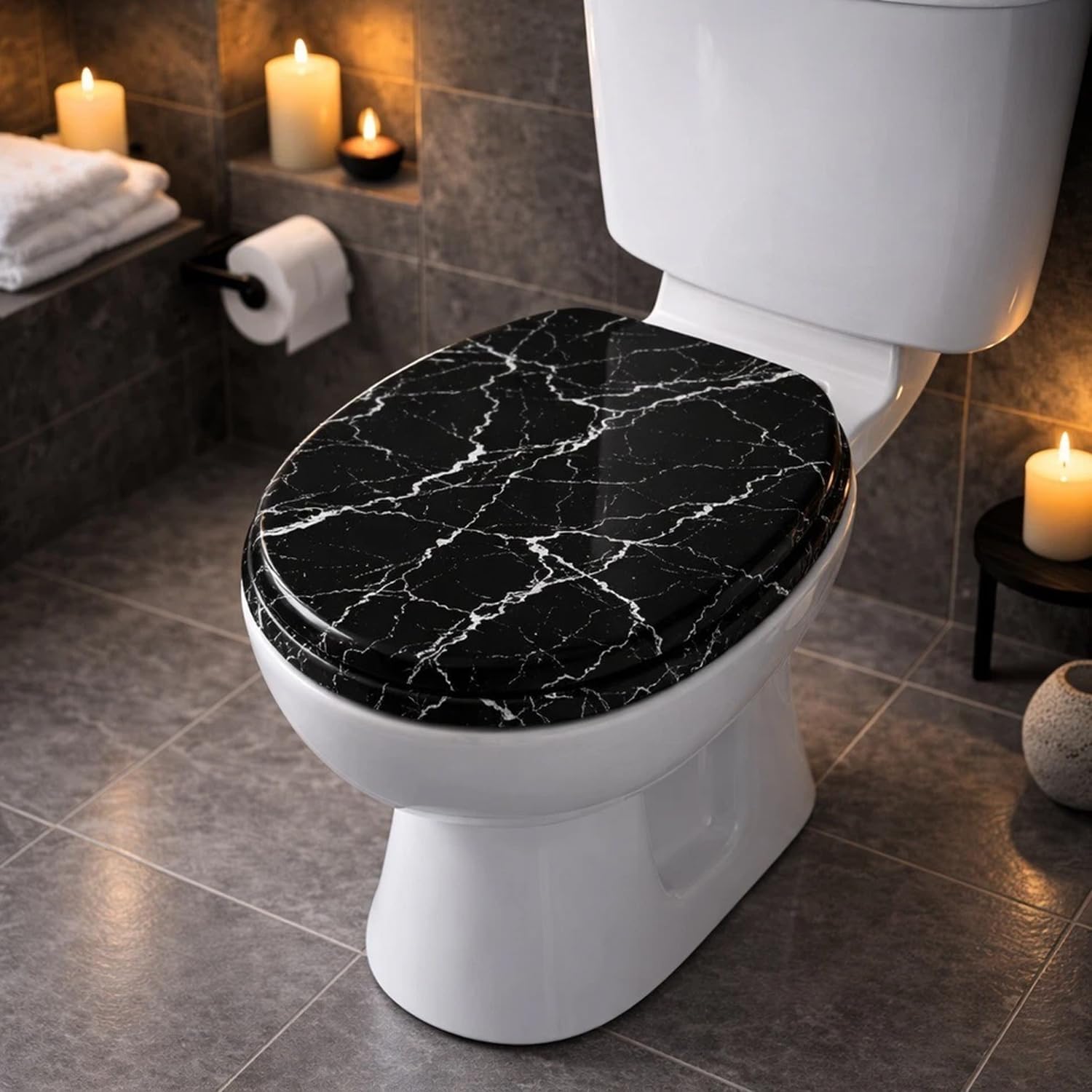 Yorkshire Homeware 18" Wooden Toilet Seats | MDF Wood Oval Toilet Seats with Bottom Fixings | Toilet Seat with Quick Close with Adjustable Hinges (Marble Effect Toilet Seat Black)