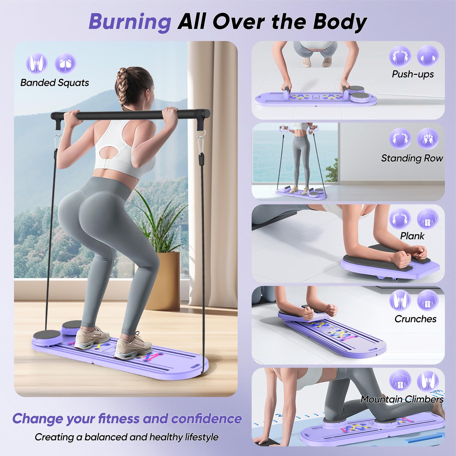 Mini Reformador de Pilates 6 en 1 con Contador Inteligente, Pilates Board con Bandas de Resistencia, Rodillo de Rebote Automático, Tabla Abdominal Plegable