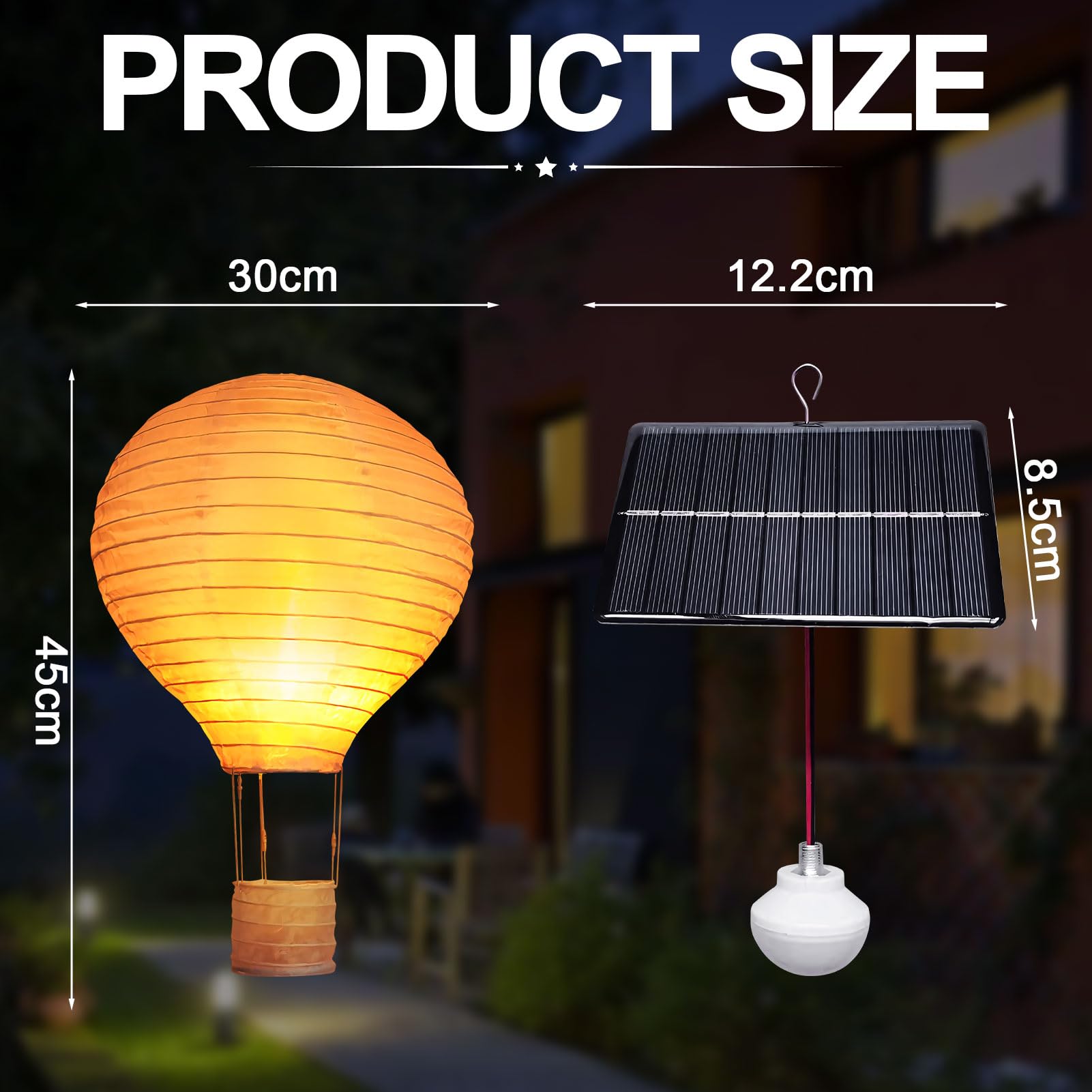 Solar Lampions Außen Wetterfest – 2 Stück, 30 Cm LED Heißluftballon-Lampen, Hängend, IP65, 600 MAh Akku, Warmes & Rotes Licht – Für Garten, Terrasse & DIY-Deko
