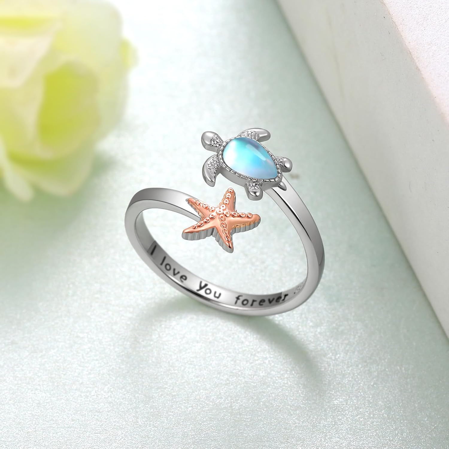 Sea Turtle Rings for Women 925 Sterling Silver Moonstone/Moss Agate Turtle Open Ring I Love You Forever Cute Ocean Animal Tortoise Ring Jewelry for Women - Image 2