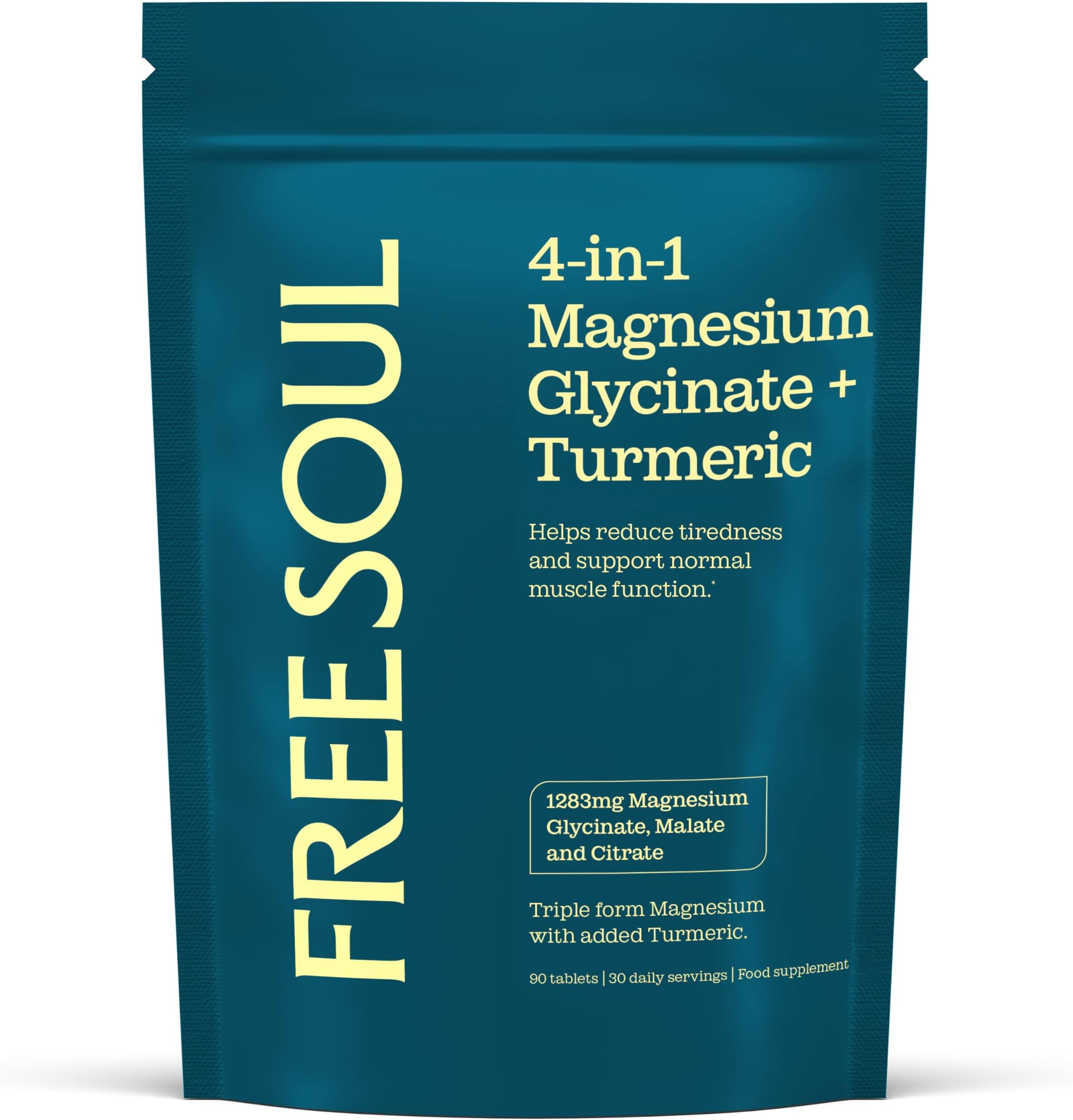 Magnesium Glycinate 4-in-1 Complex | 1283mg Bisglycinate, Citrate, Malate & 2000mg Turmeric & Black Pepper | 385mg Elemental High Absorption Magnesium Supplements | 90 Tablets | UK Made | Free Soul