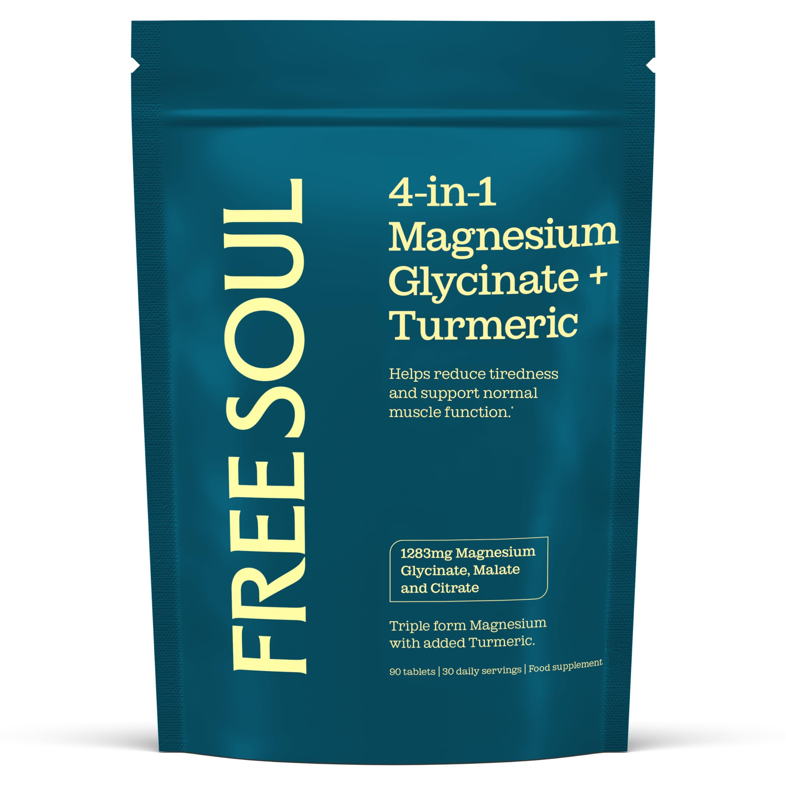 Magnesium Glycinate + Turmeric 4-in-1 Complex | Triple-Strength Magnesium Supplements with 1283mg, Bisglycinate, Citrate, Malate & 2000mg Turmeric | 90 Vegan Tablets | Gluten-Free