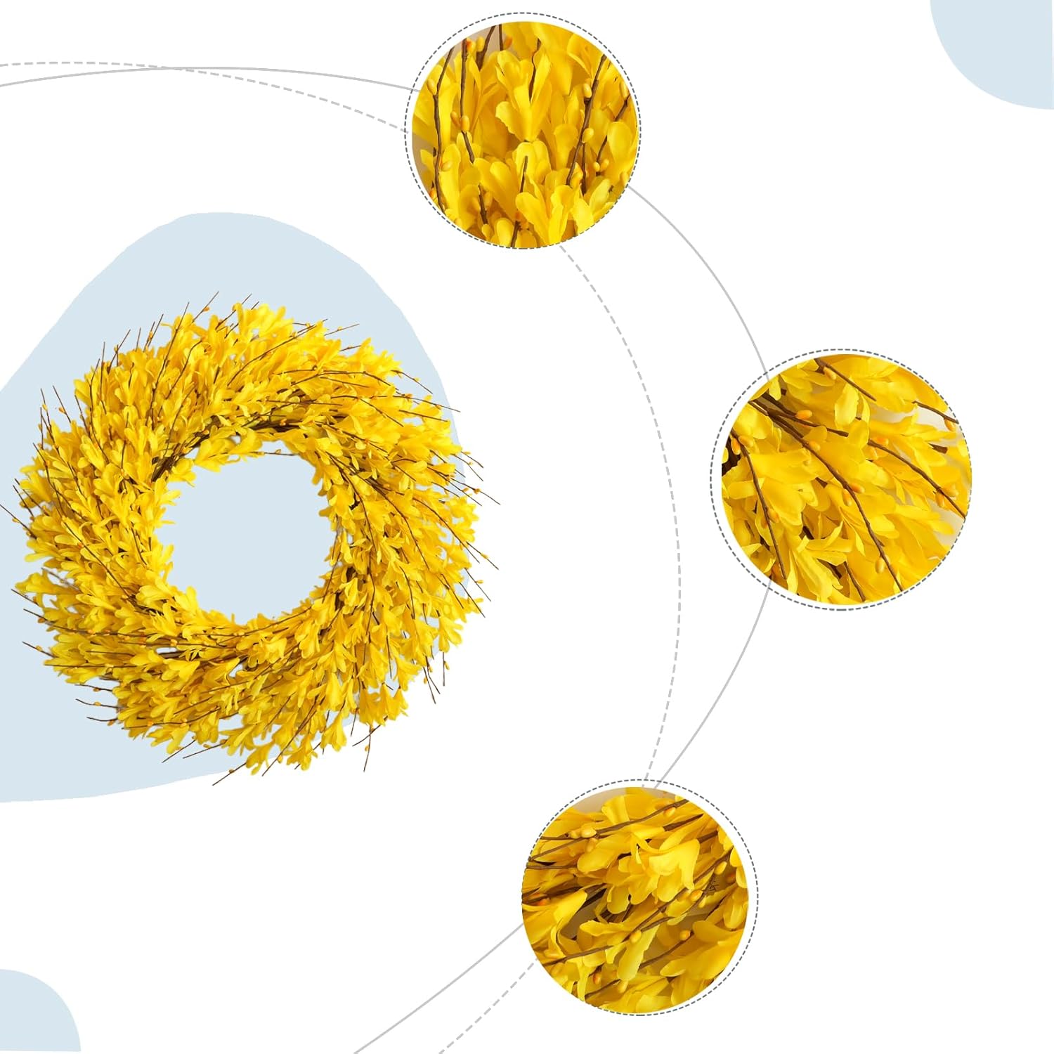 Bibelot 22inch Artificial Forsythia Flower Wreaths Spring Summer Fall Wreath Silk Leaves Wreath for Front Door Wreaths Porch Farmhouse Patio Garden Home Decor (yellow)